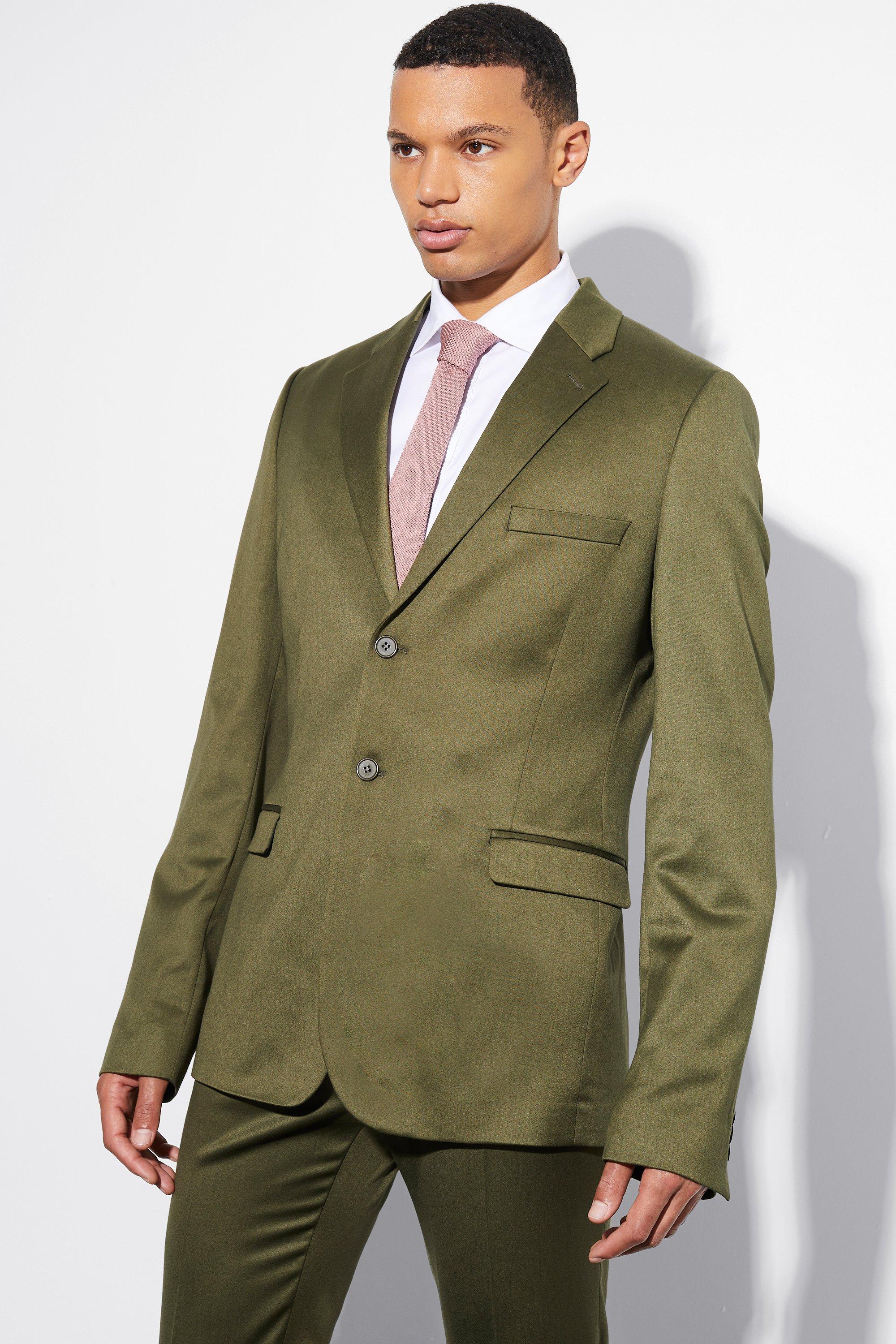 Mens Green Tall Skinny Satin Suit Jacket, Green