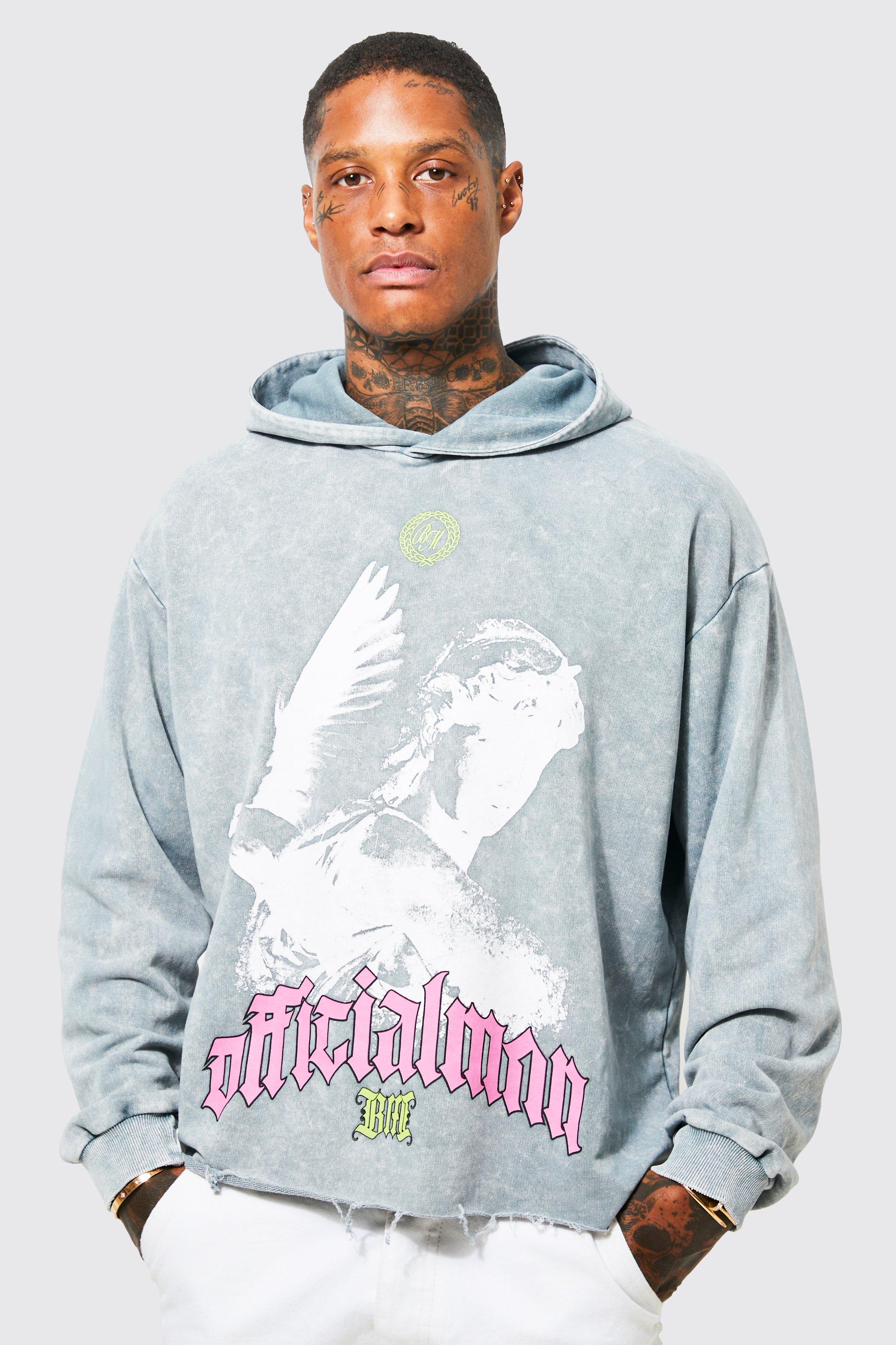 Mens Grey Oversized Boxy Acid Wash Dove Graphic Hoodie, Grey
