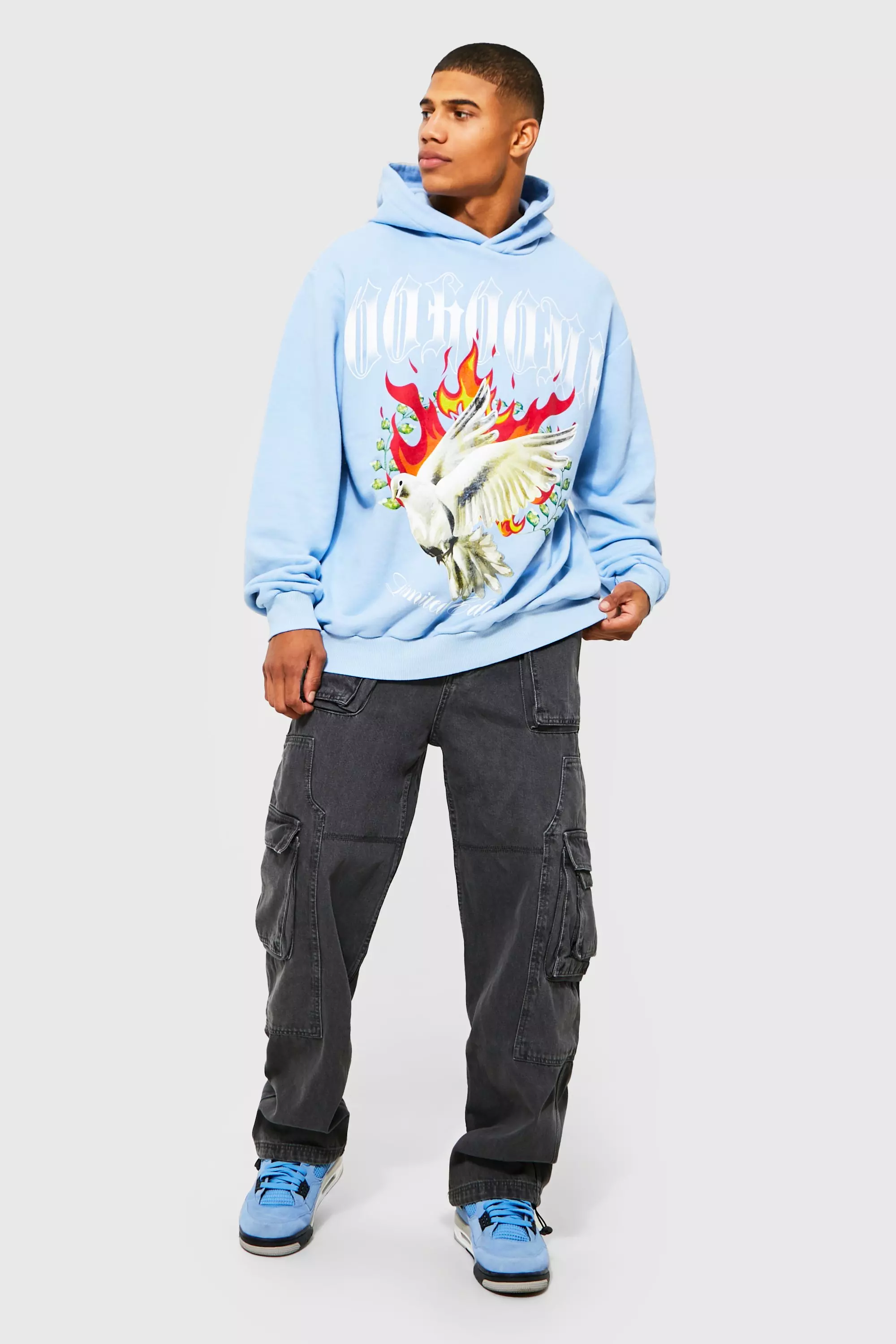 Oversized Boxy Acid Wash Dove Graphic Hoodie