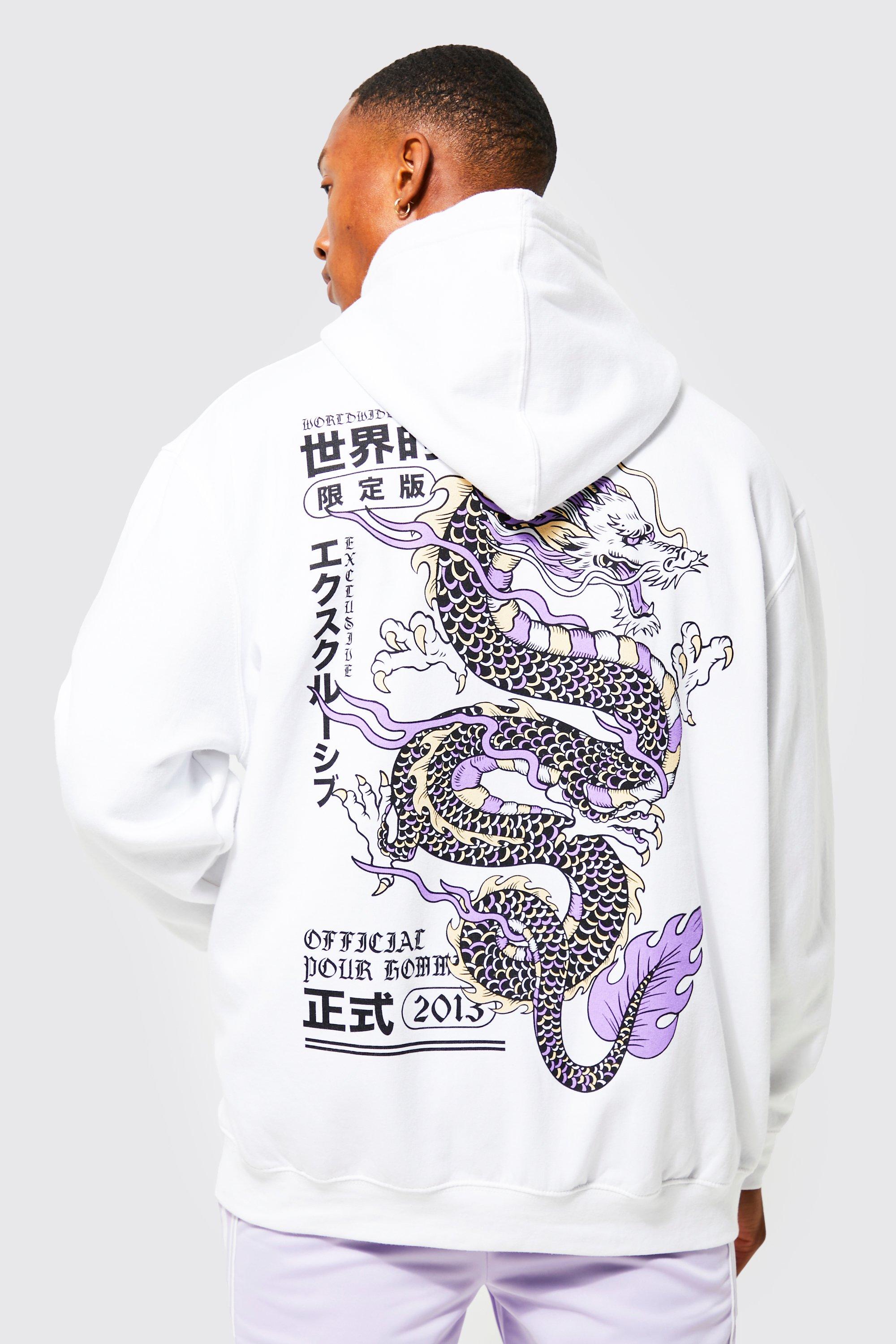 Mens White Oversized Dragon Graphic Hoodie, White
