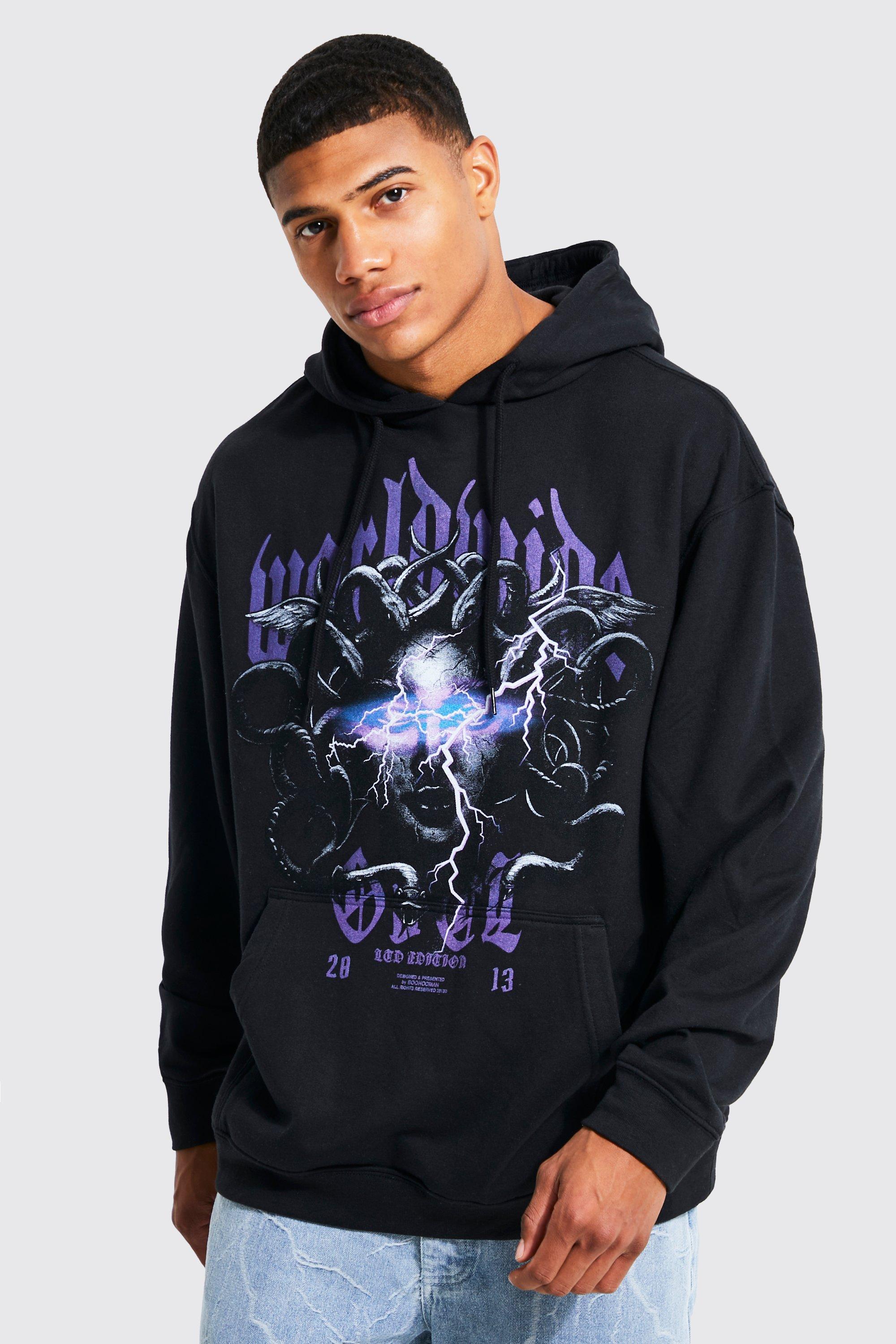 Mens Black Oversized Medusa Graphic Hoodie, Black