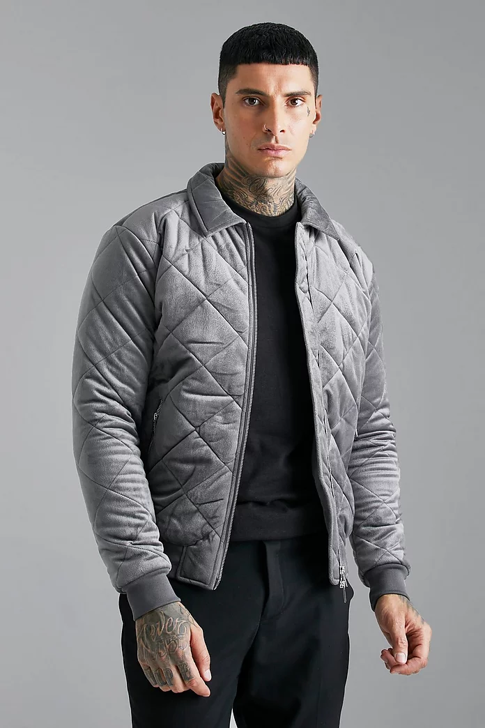 Quilted Velvet Bomber With Collar