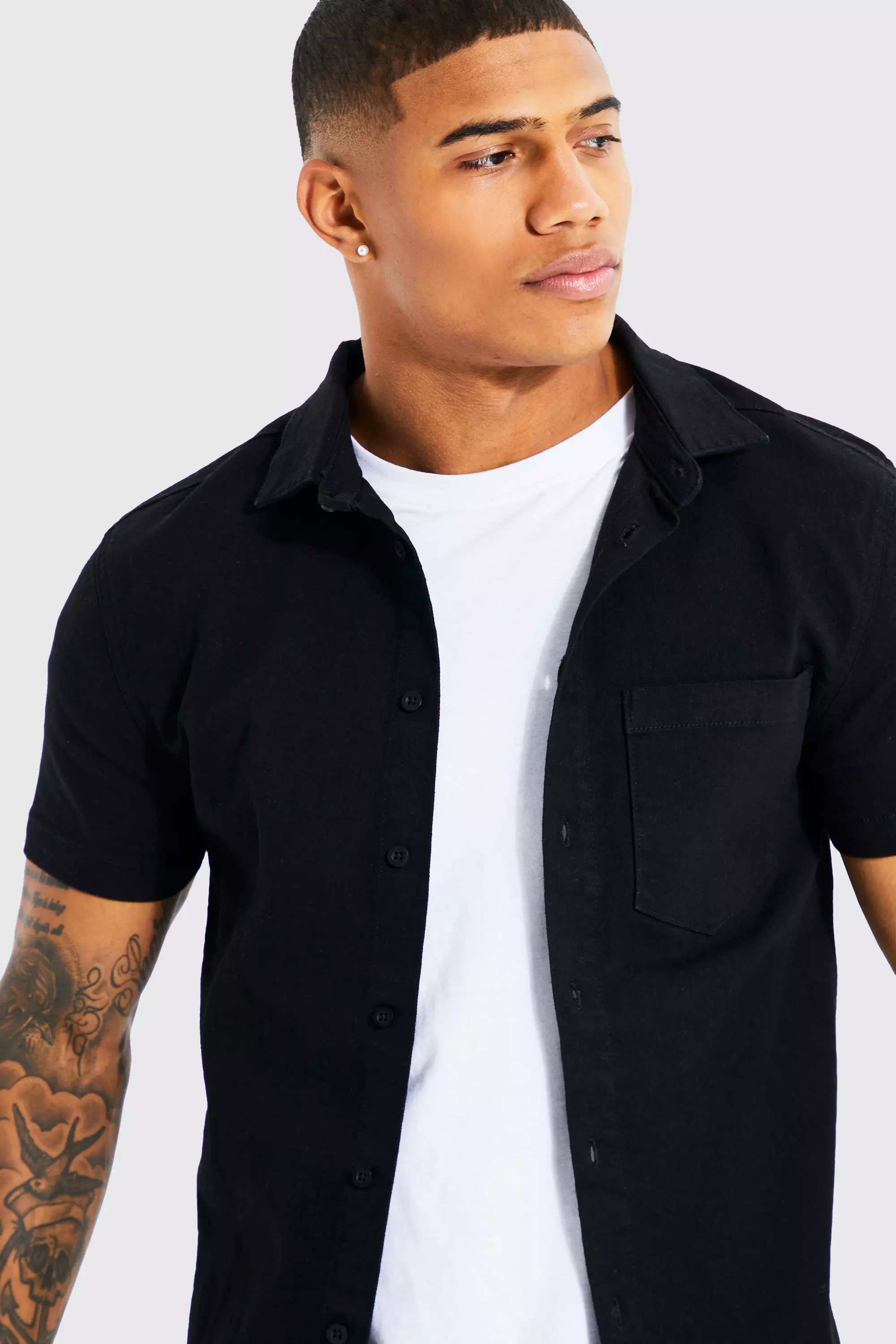 boohooMAN Men's Short Sleeve Denim Shirt