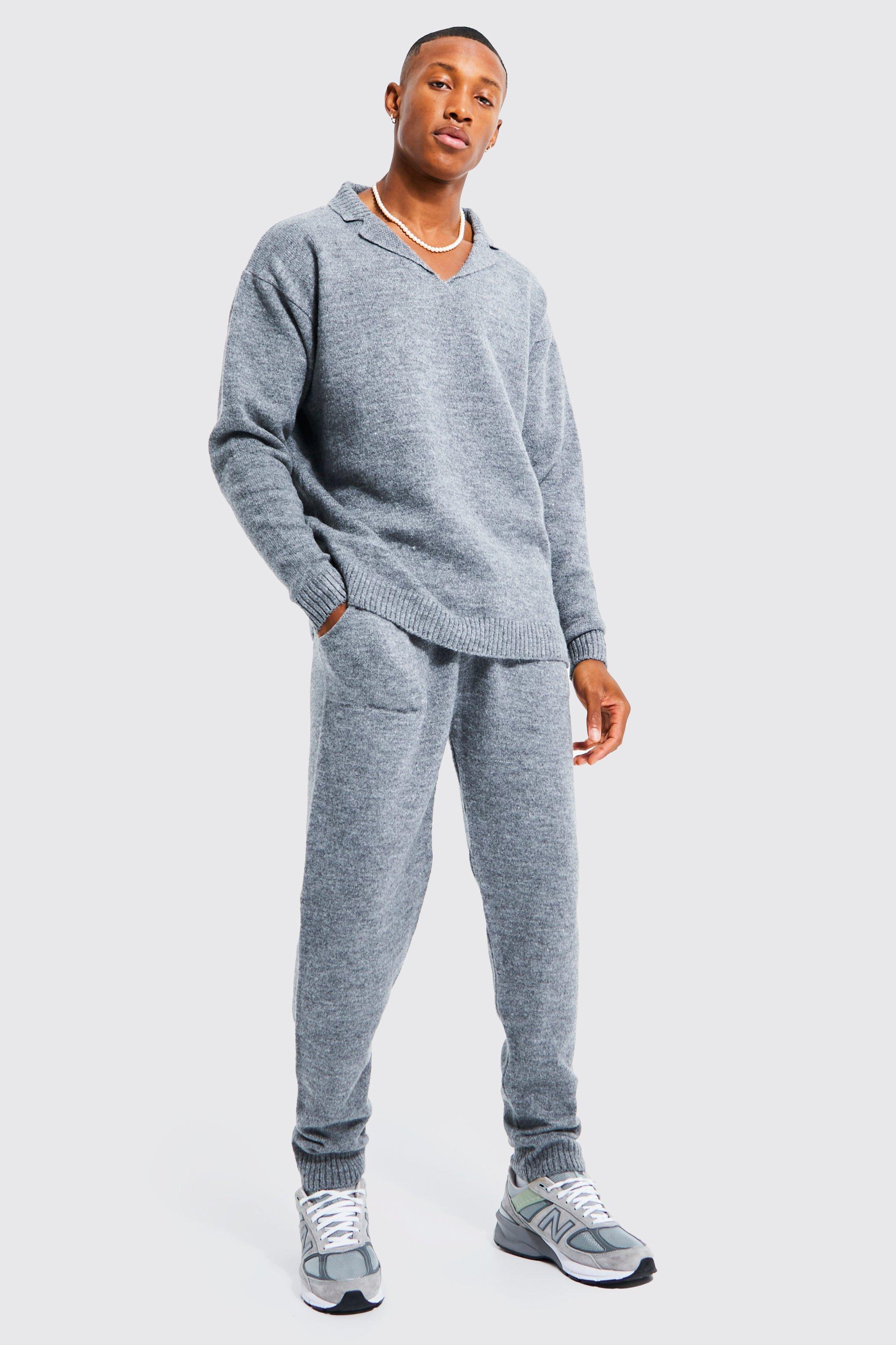 Mens Grey Oversized Revere Knitted Polo Tracksuit, Grey