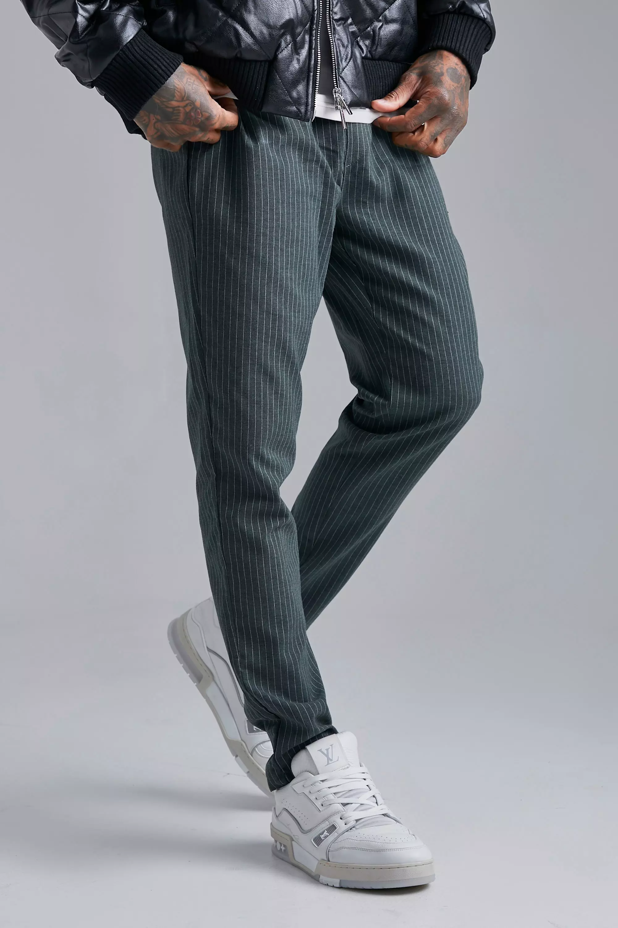 Elastic Waist Slim Fit Striped Trouser