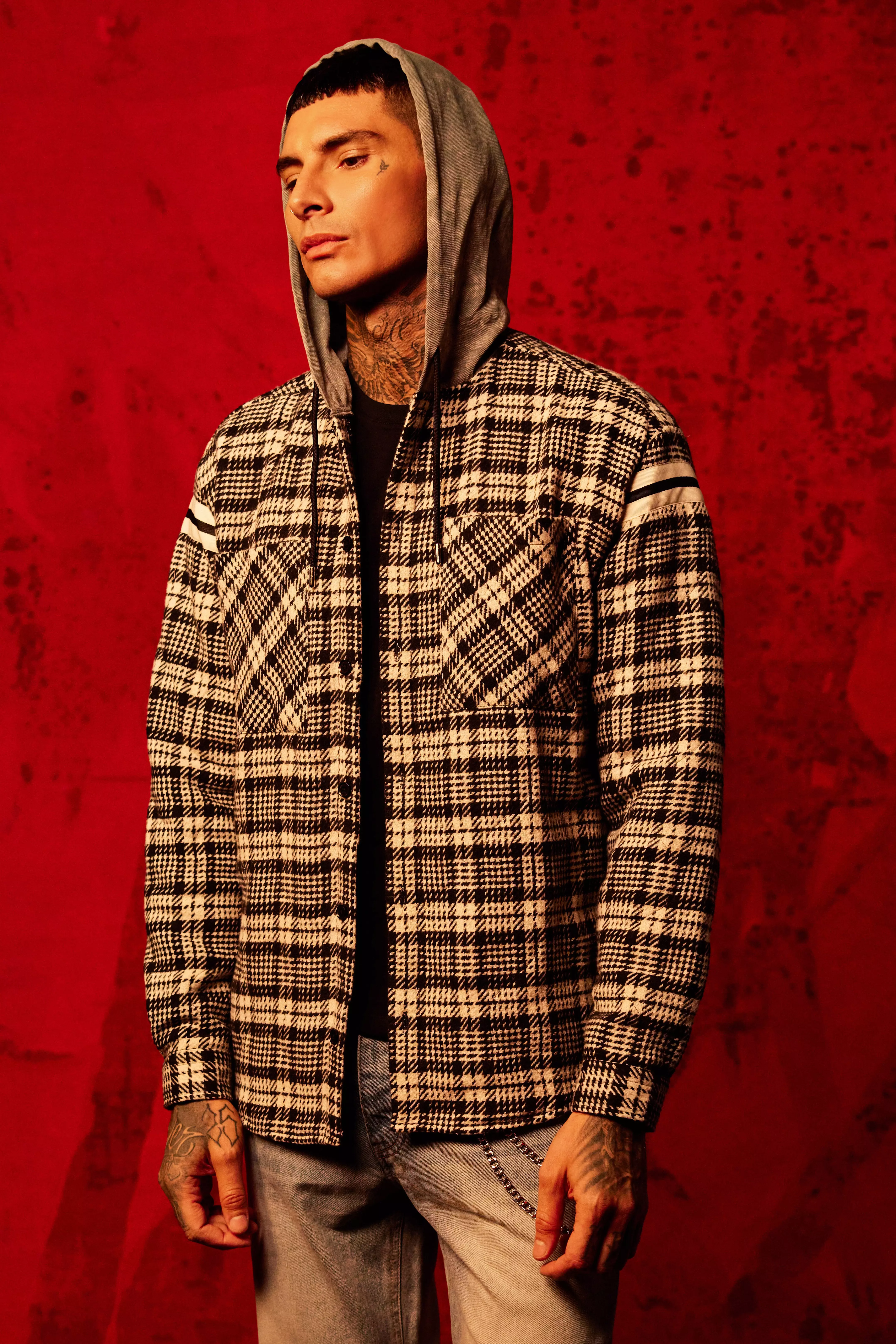 Checked Hooded Shirt with Flap Pockets