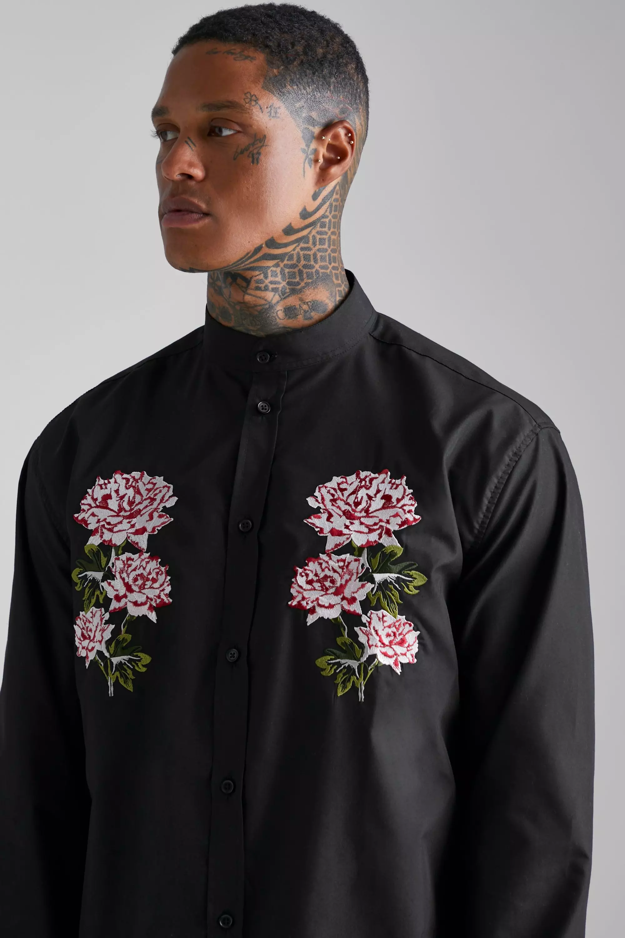 Oversized Cotton Embroidered Floral Shirt