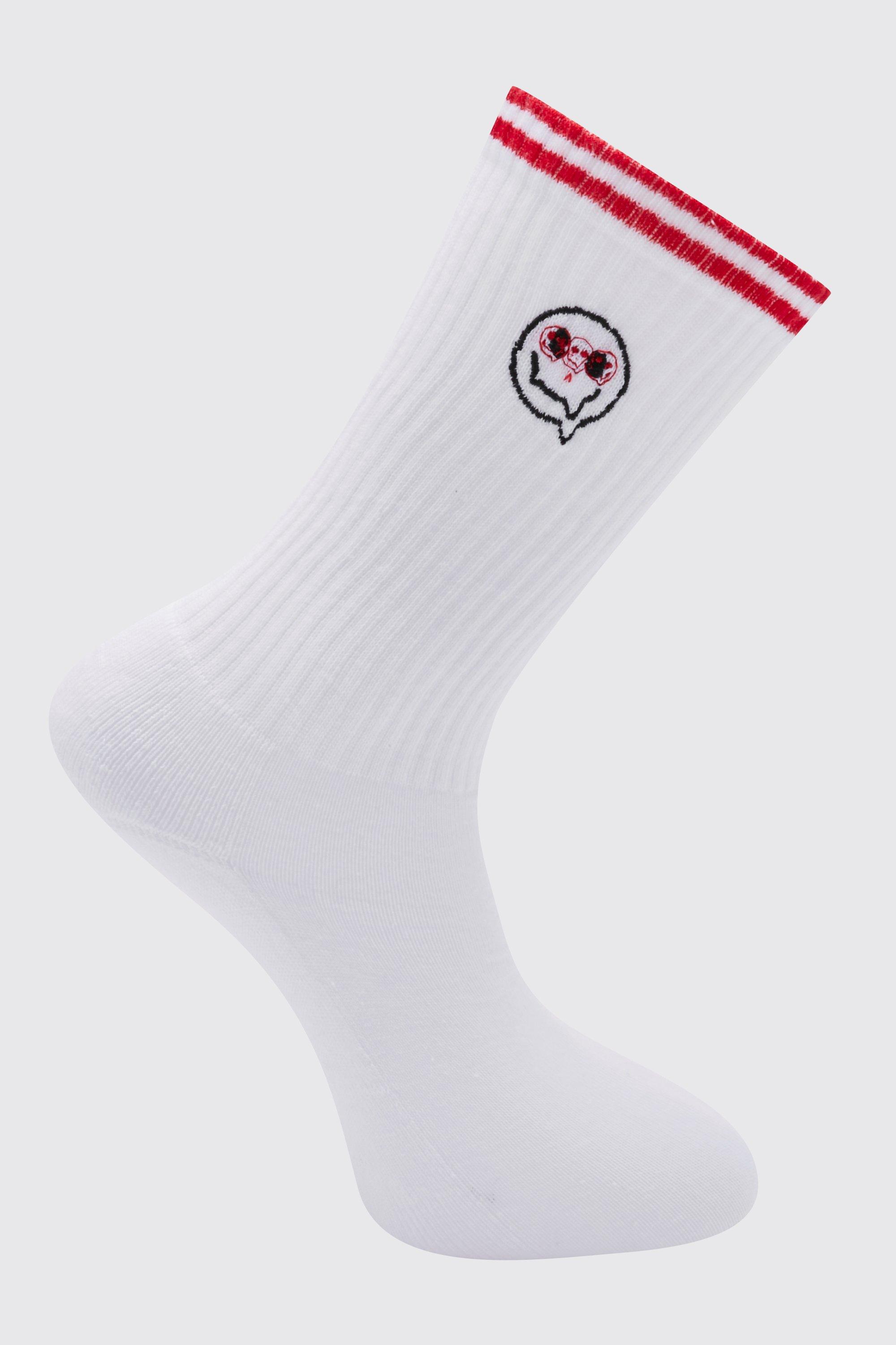 Mens White 1 Pack Embroidered Stripe Face Sock, White