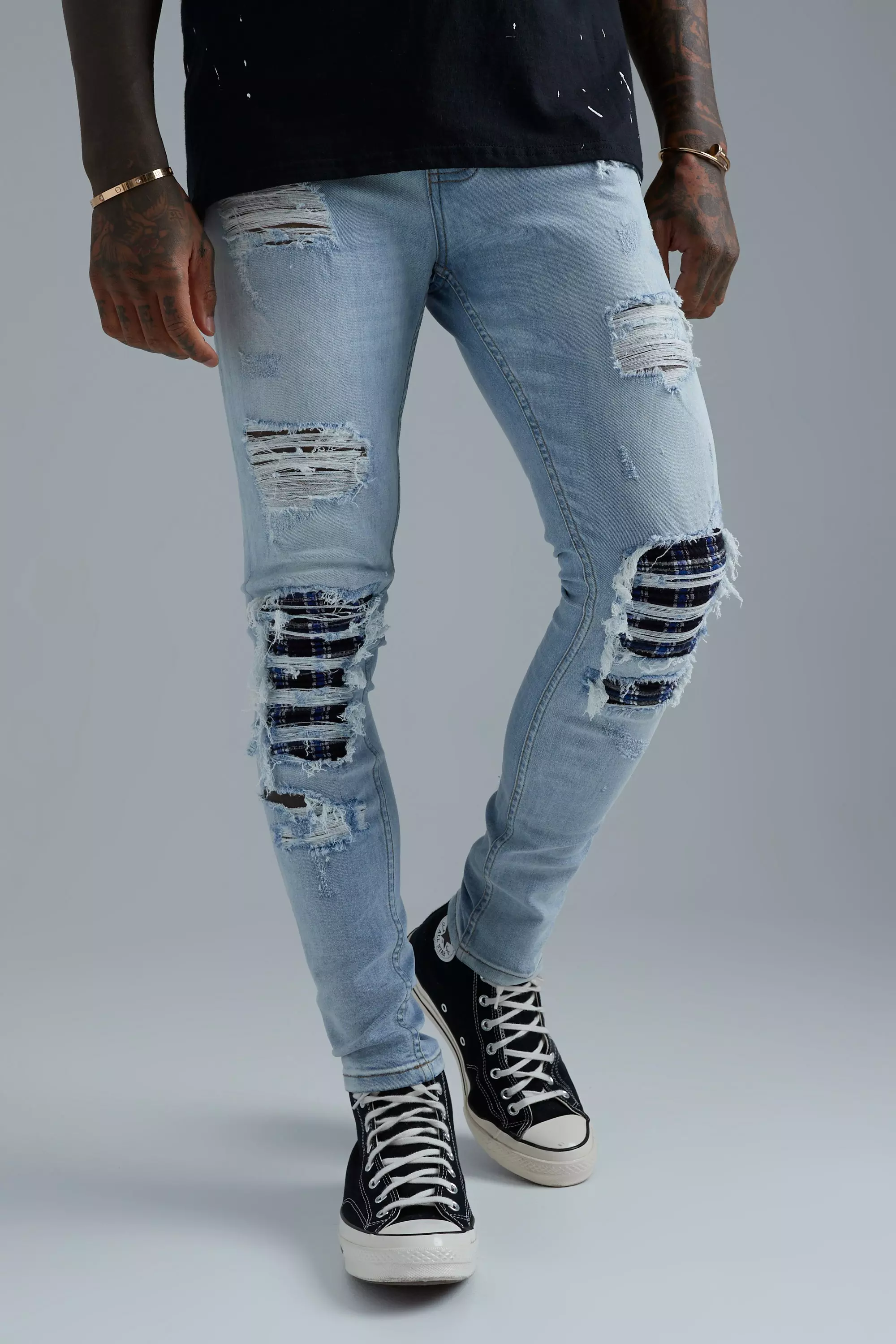 Super Stretch & Repair Check Jeans | boohooMAN USA