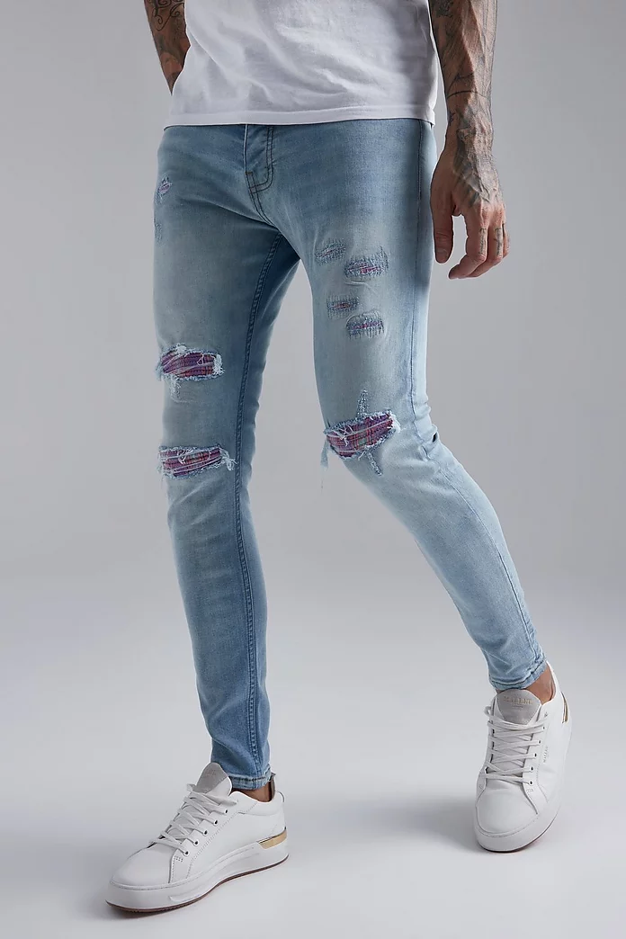 Systematically Decompose conscience Skinny Distressed Rip & Repair Check Jeans | boohooMAN USA