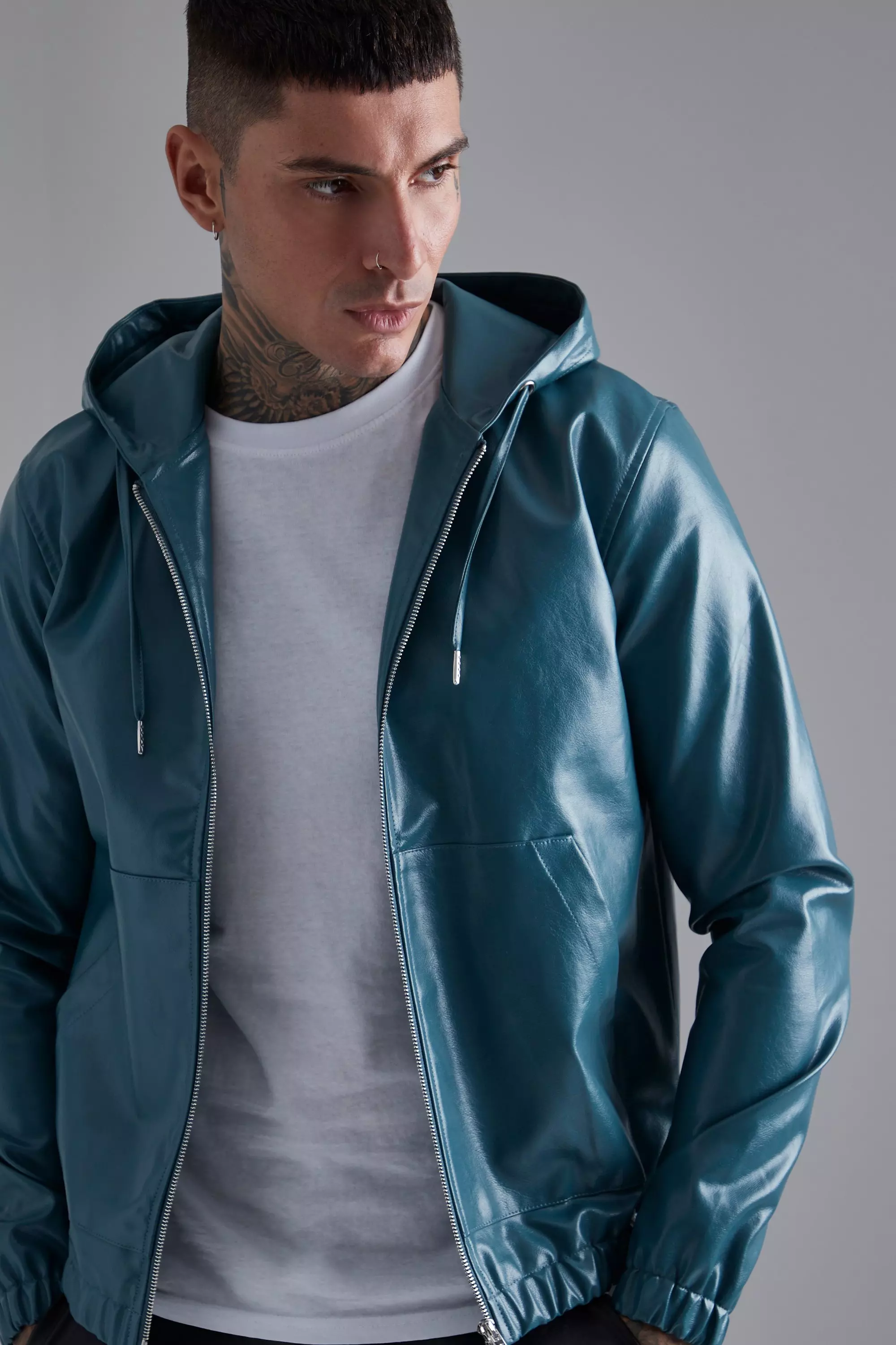 Pu Bomber Jacket With Hood | boohooMAN USA