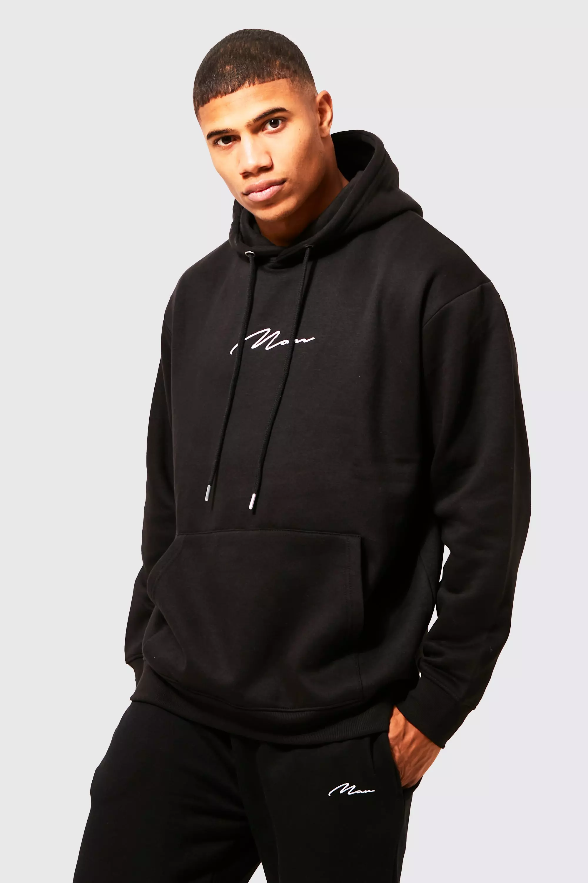 Man signature embroidered store hoodie