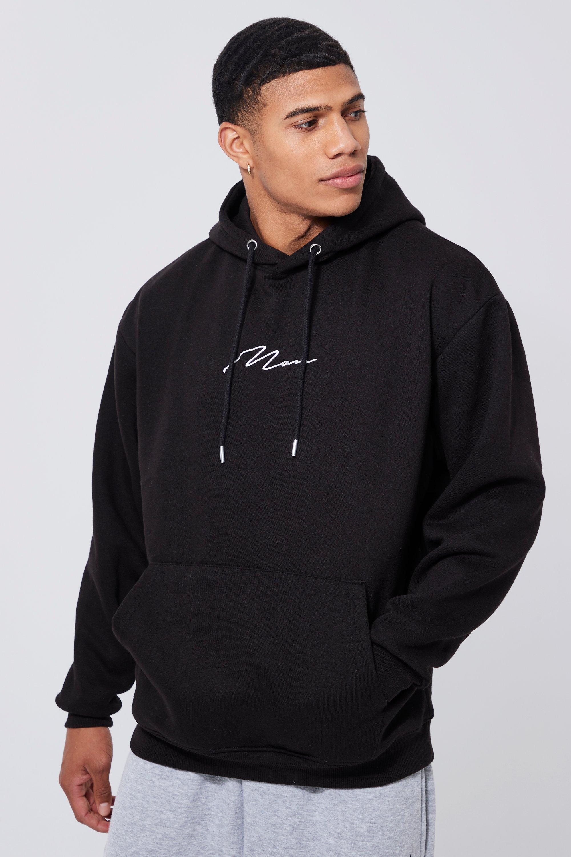 Mens Black Oversized Man Signature Over The Head Hoodie, Black