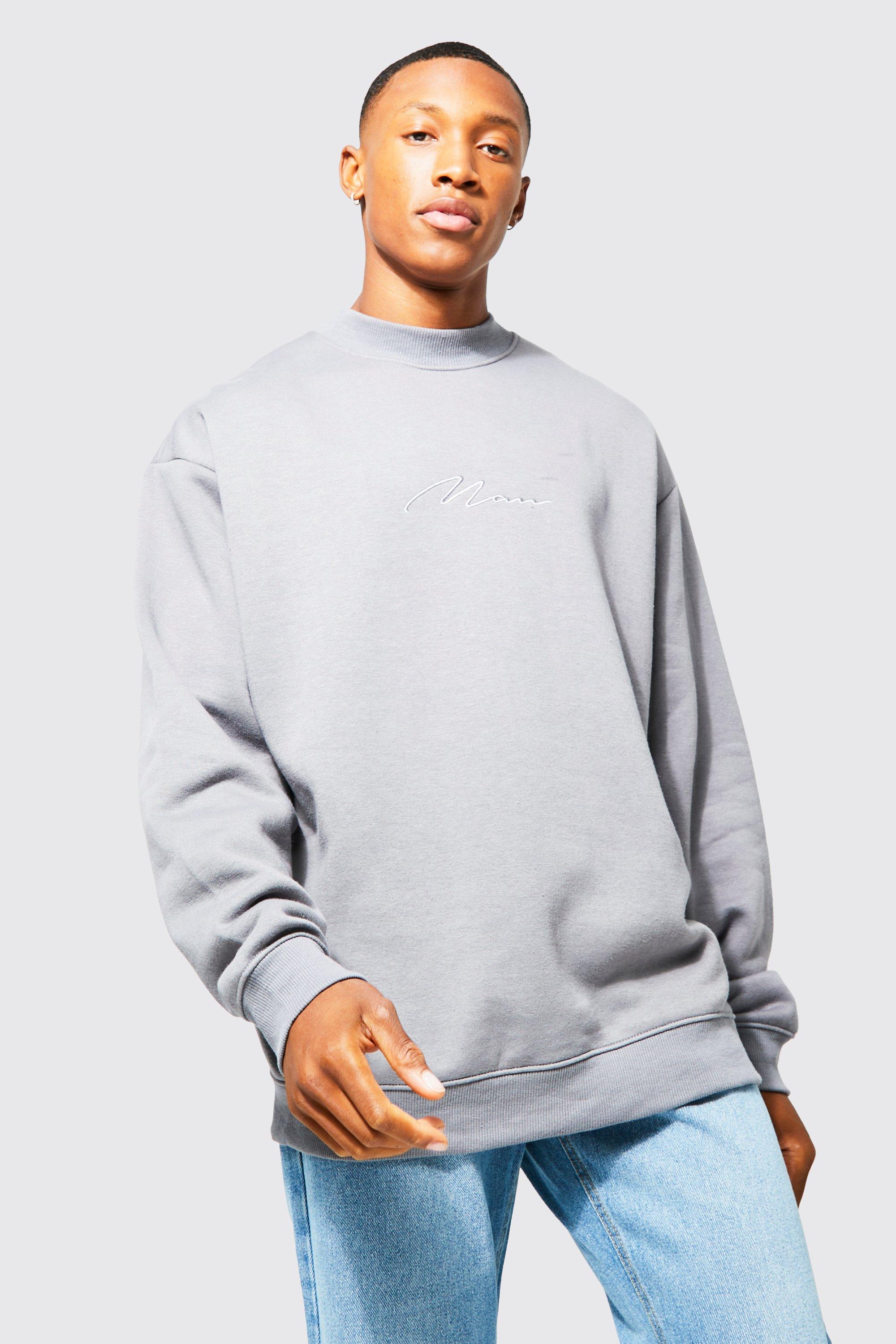 Mens Grey Oversized Signature Extended Neck Sweatshirt, Grey