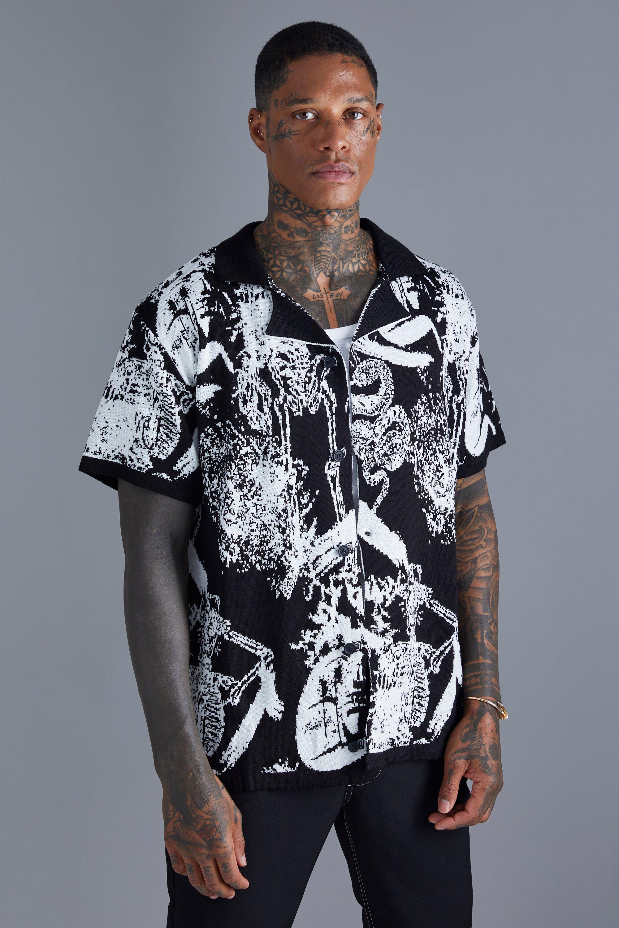 Mens Black Graffiti Skeleton Knitted Relaxed Shirt, Black