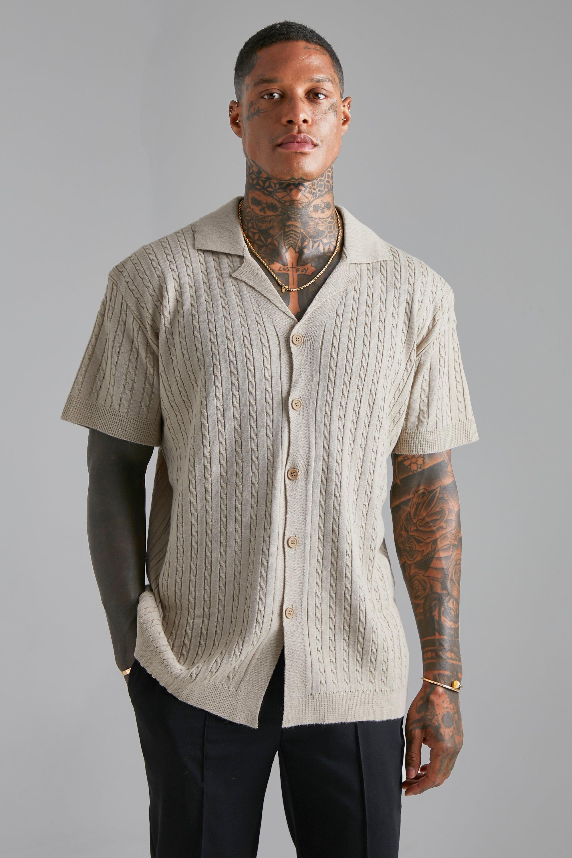 mens beige short sleeve revere cable knit shirt, beige