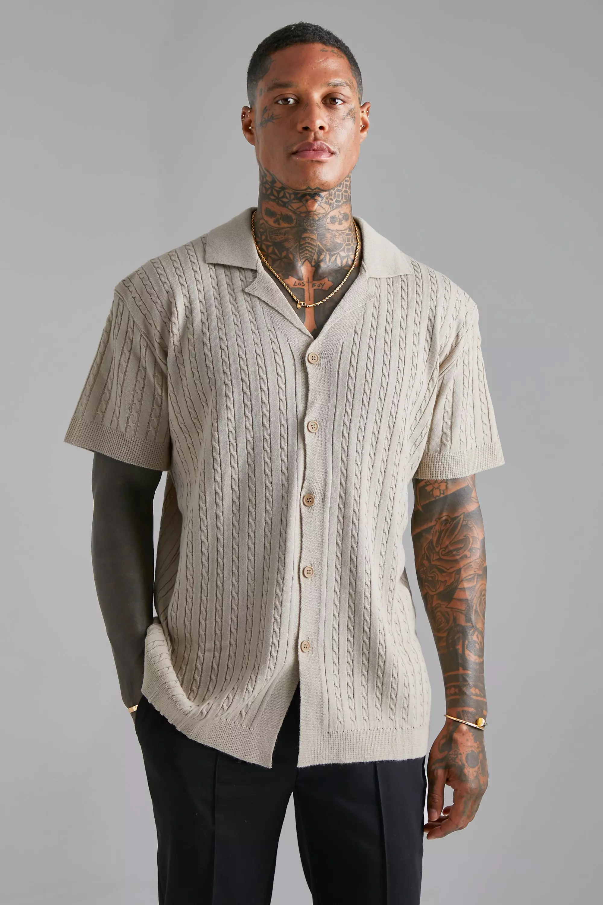 Short Sleeve Revere Cable Knit Shirt | boohooMAN USA