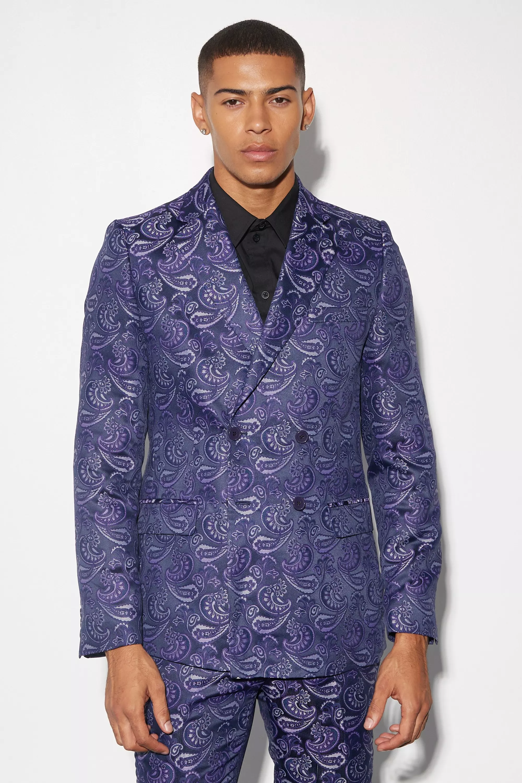 Slim Double Breasted Paisley Jacquard Blazer boohooMAN USA