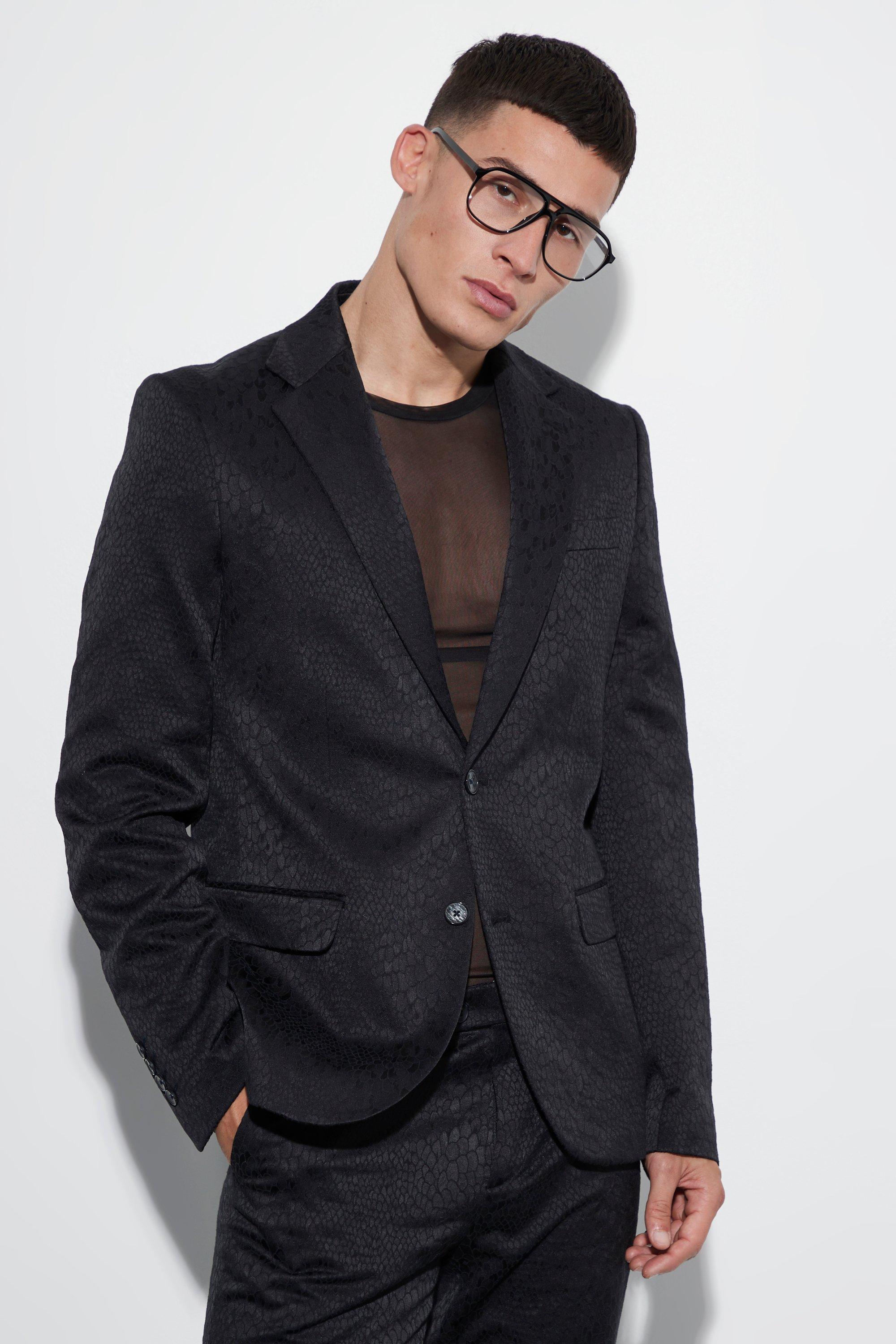 Mens Black Slim Snake Jacquard Suit Jacket, Black