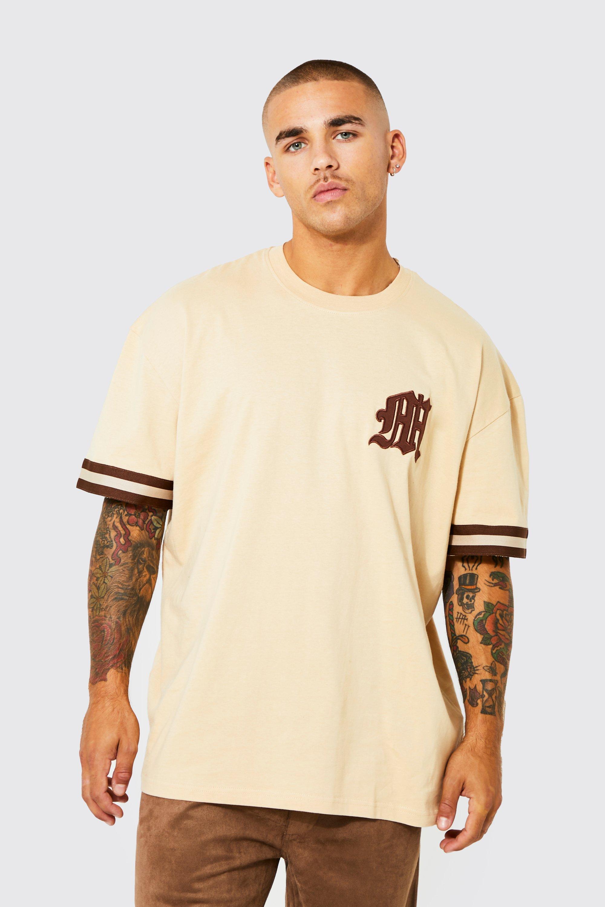 Mens Beige Oversized Varsity Applique Graphic T-shirt, Beige