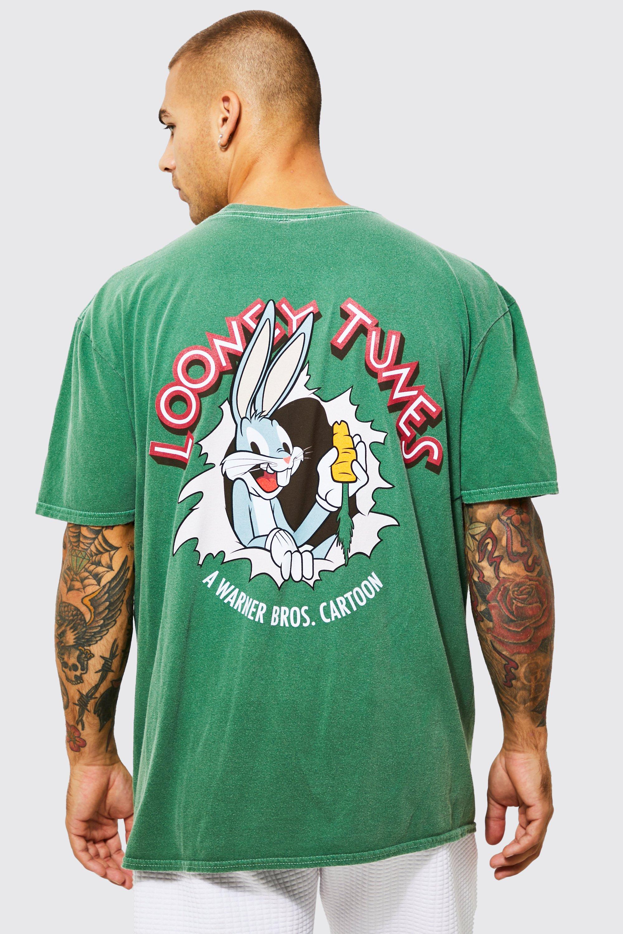 Mens Green Oversized Looney Tunes Washed T-shirt, Green