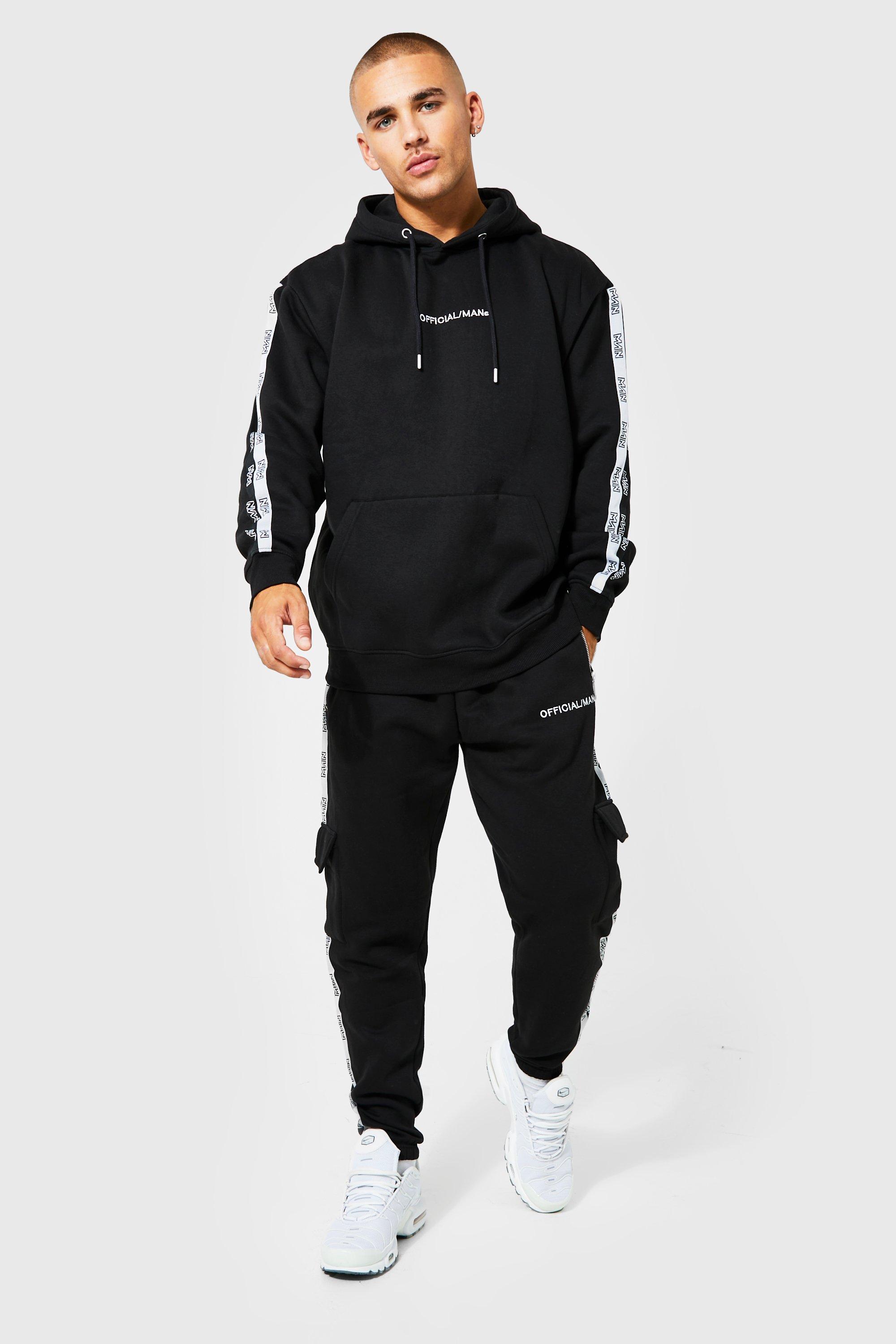 Mens Black Official Man Tape Cargo Hooded Tracksuit, Black