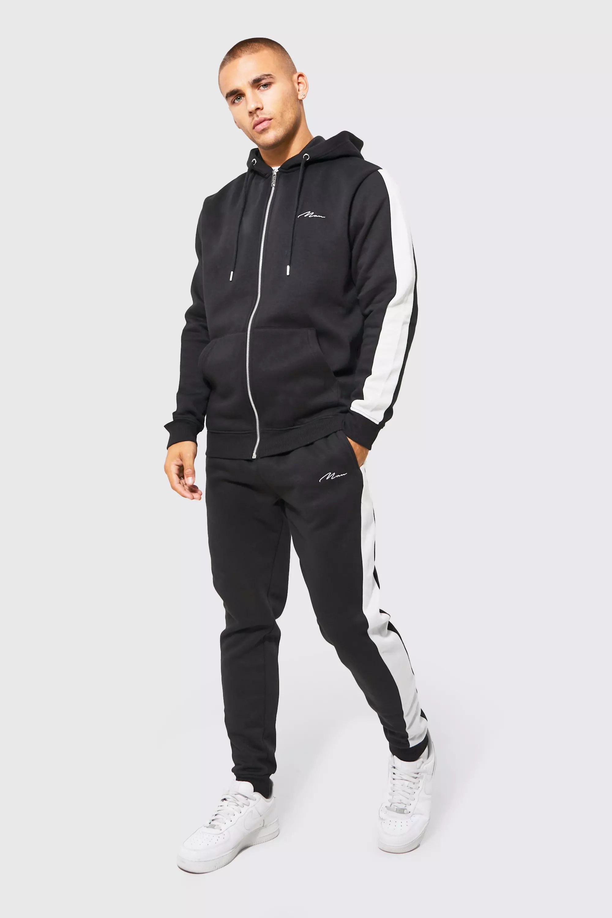 Mens Black Side Zip Detail Hooded Tracksuit