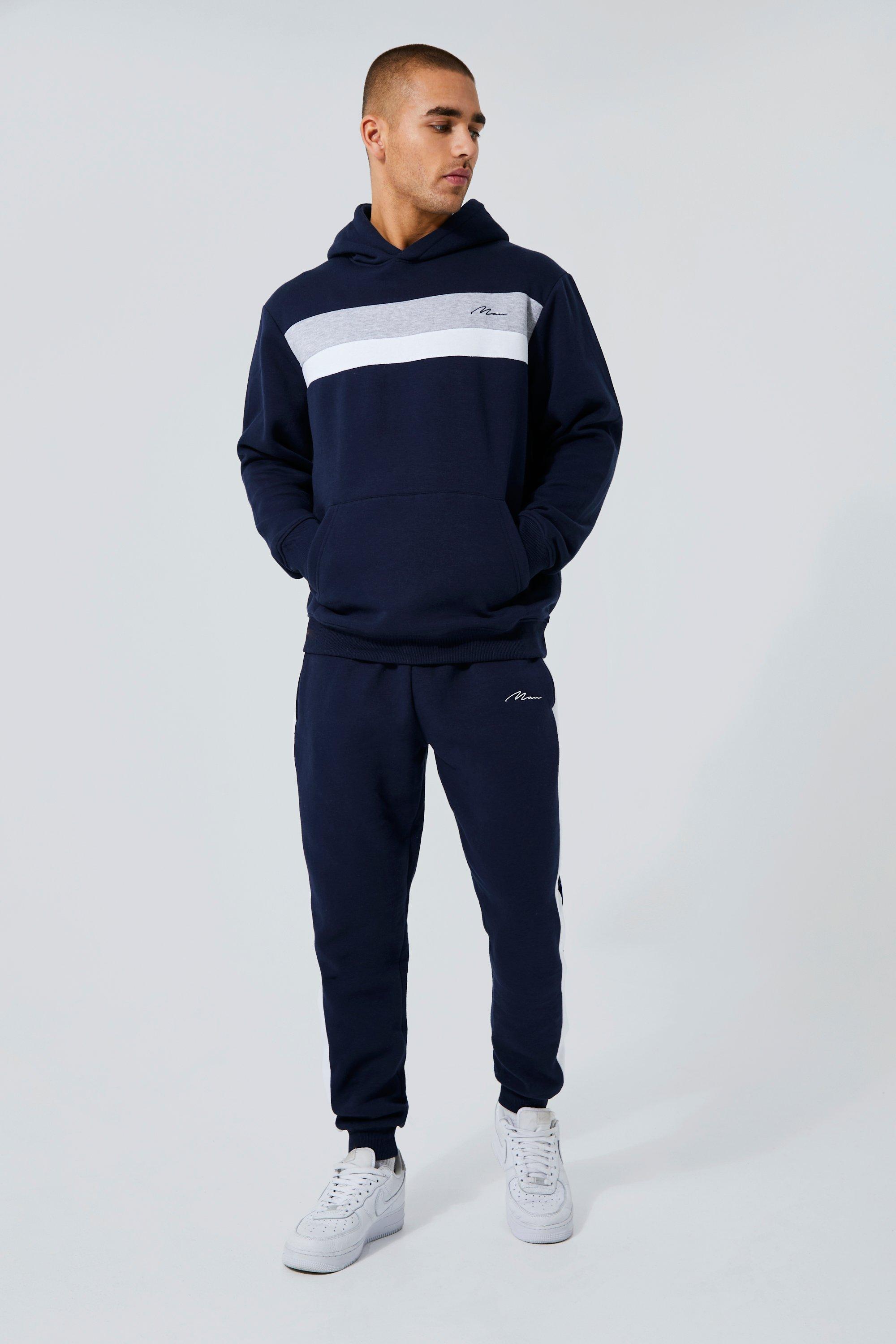 Mens Navy Man Signature Colour Block Hooded Tracksuit, Navy