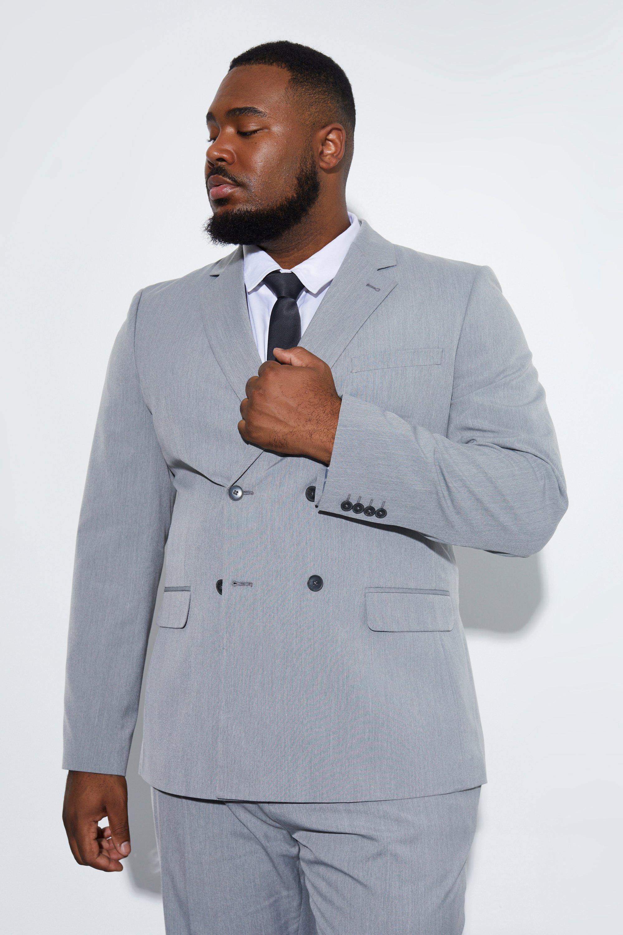 Mens Grey Plus Slim Double Breasted Suit Jacket, Grey