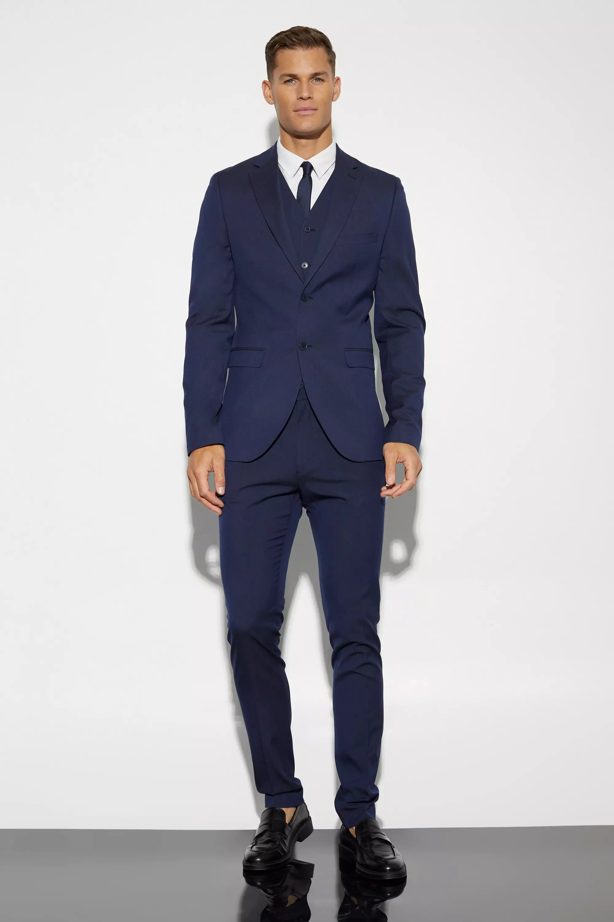 boohooMAN Wedding Slim Fit Suit In Navy