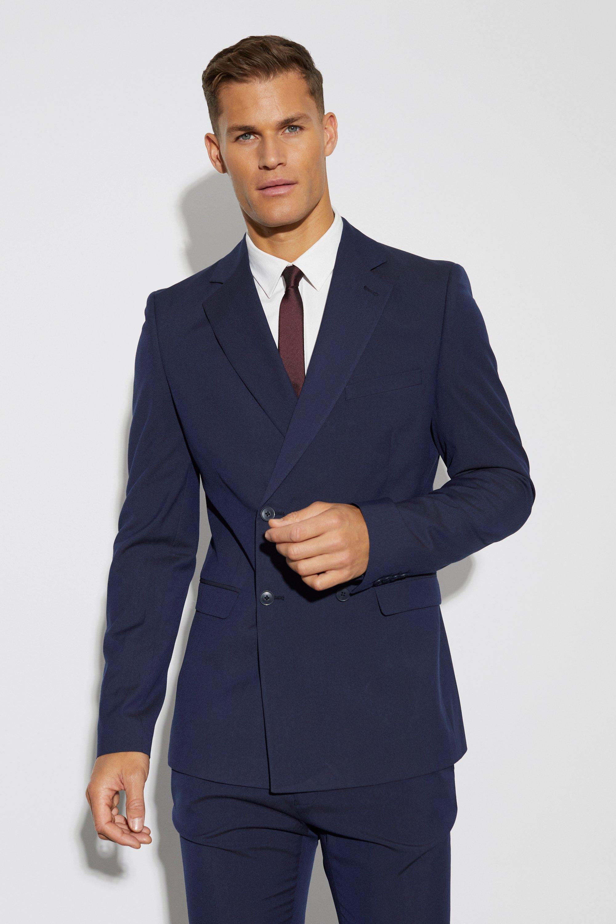 Mens Navy Tall Skinny Double Breasted Suit Jacket, Navy