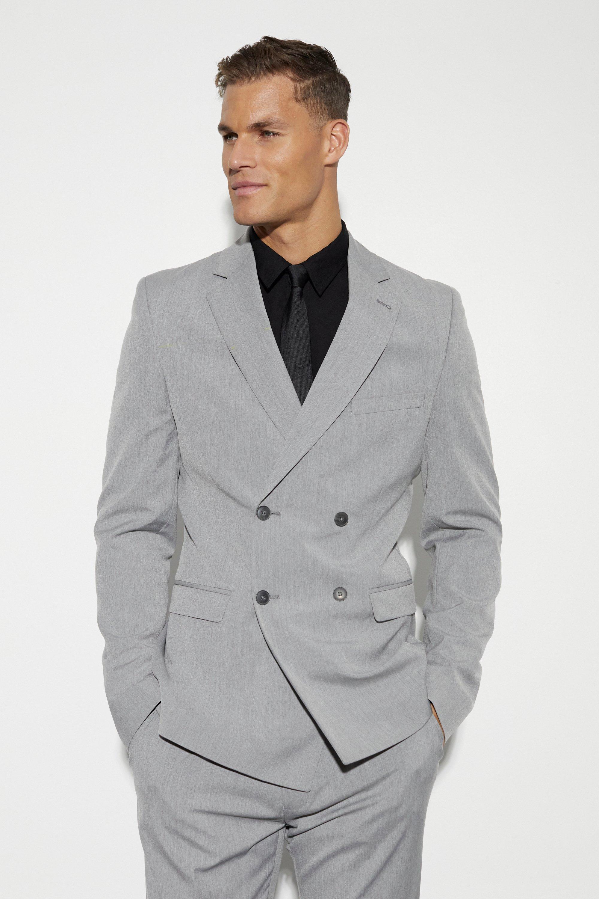 Mens Grey Tall Skinny Double Breasted Suit Jacket, Grey