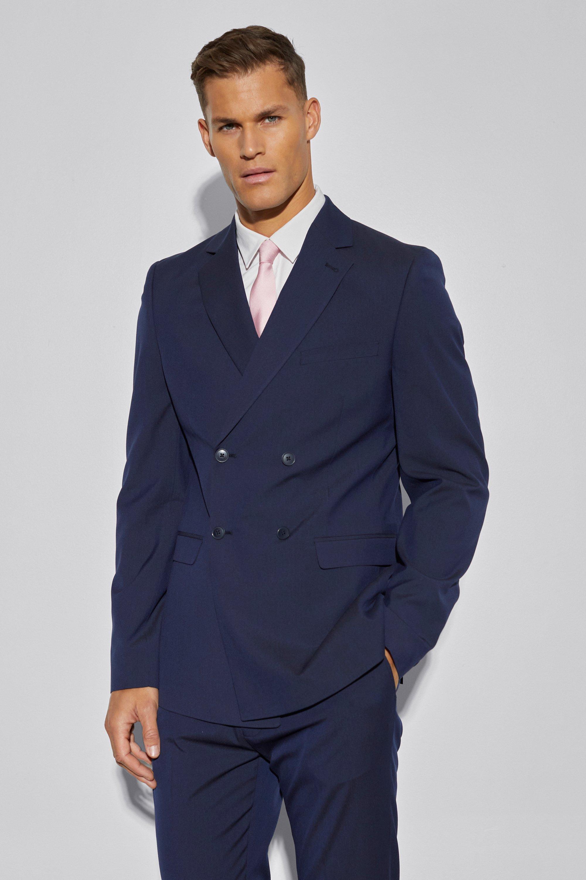 Mens Navy Tall Slim Double Breasted Suit Jacket, Navy