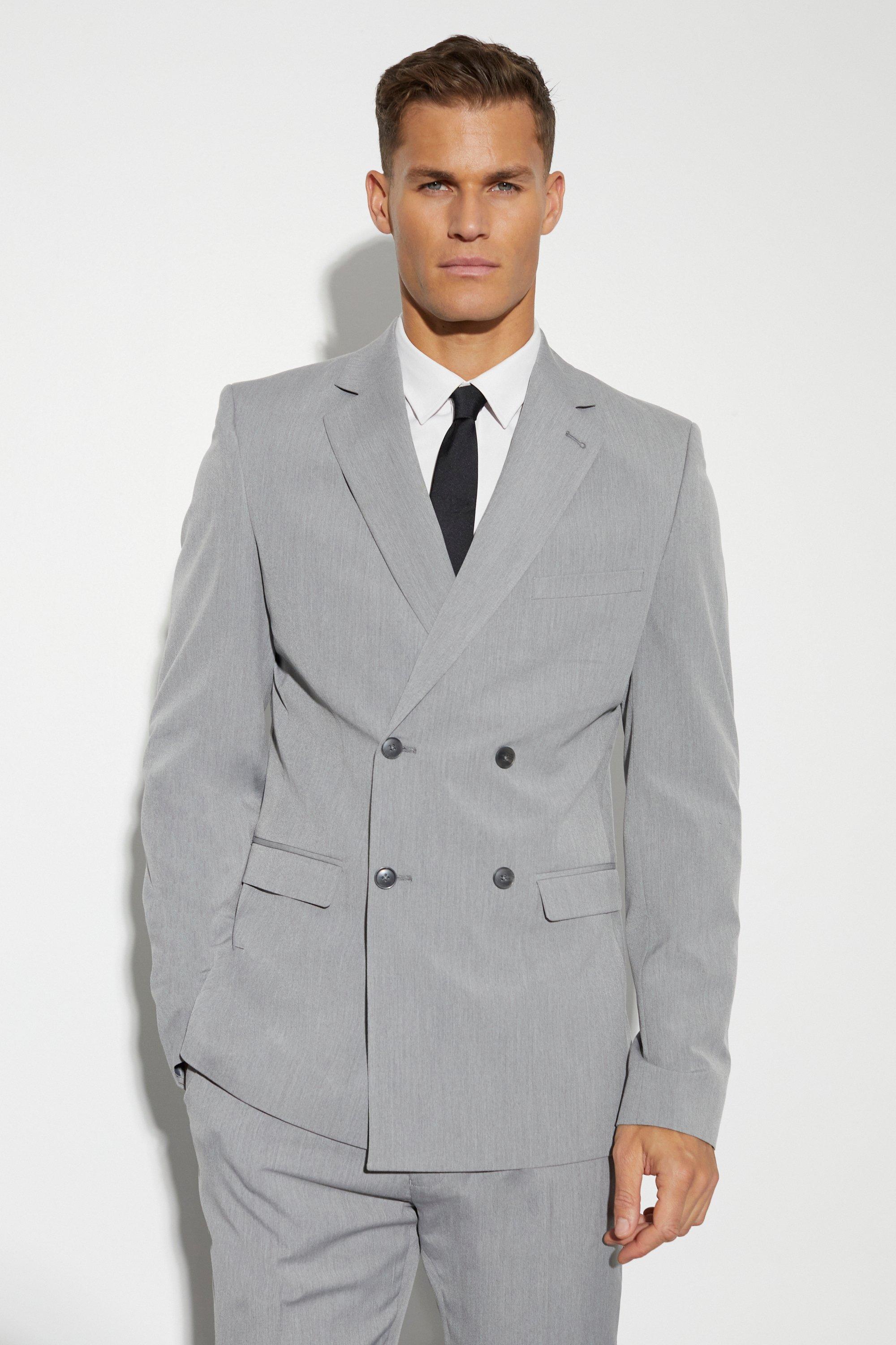 Mens Grey Tall Slim Double Breasted Suit Jacket, Grey