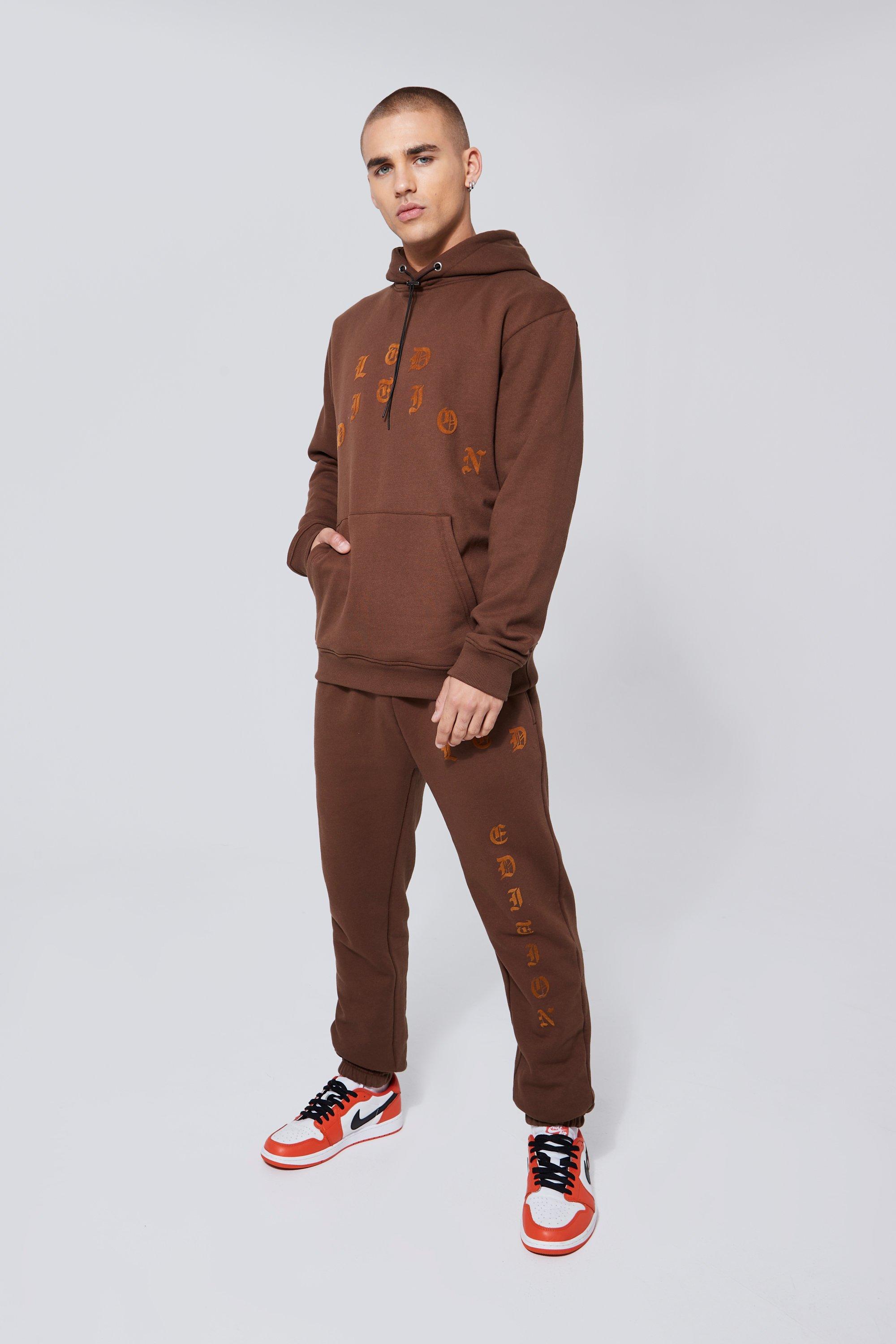 Mens Brown Heavyweight Ltd Applique Hooded Tracksuit, Brown