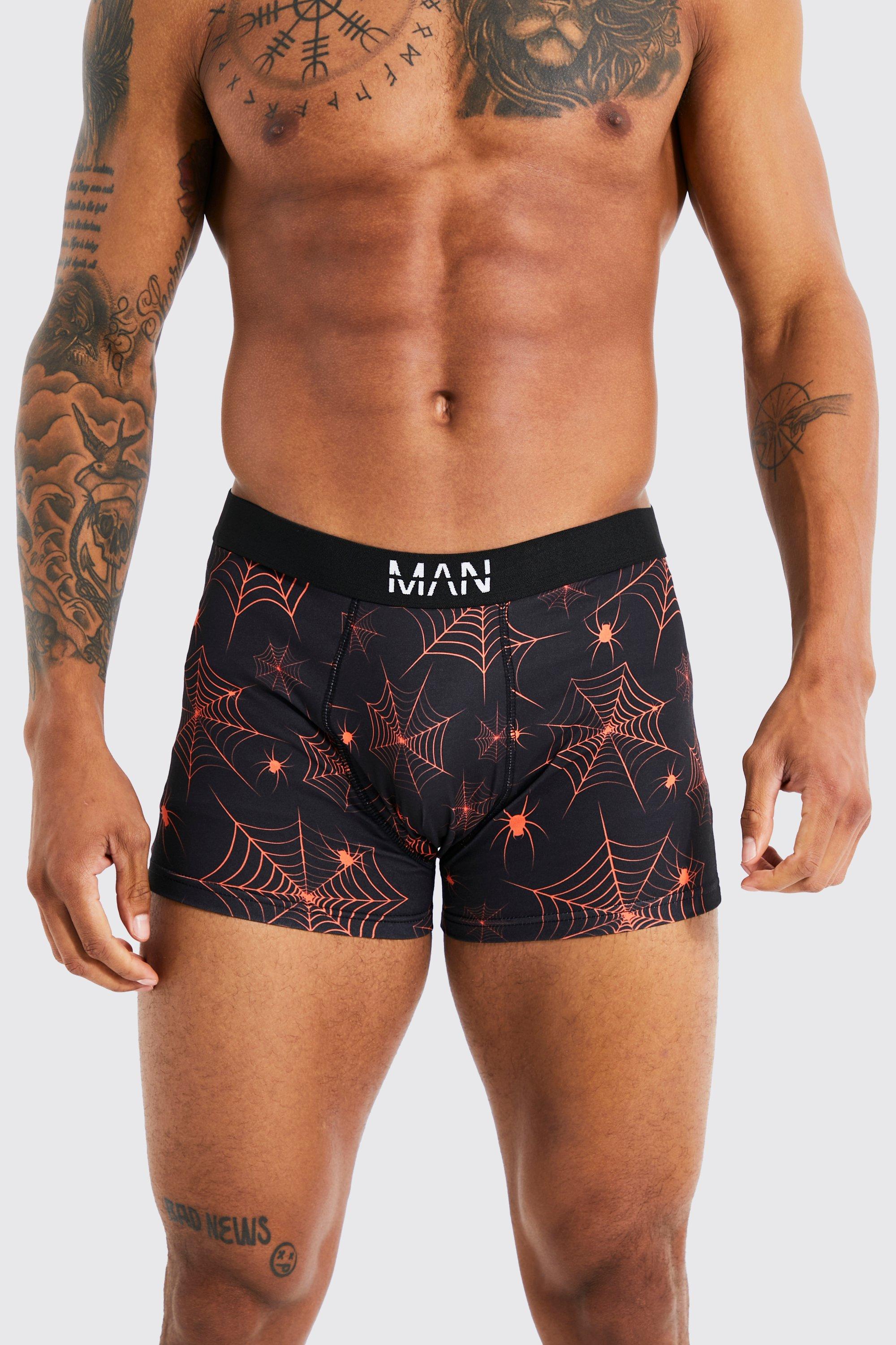 Mens Black Halloween Man Dash Cobweb Print Trunks, Black