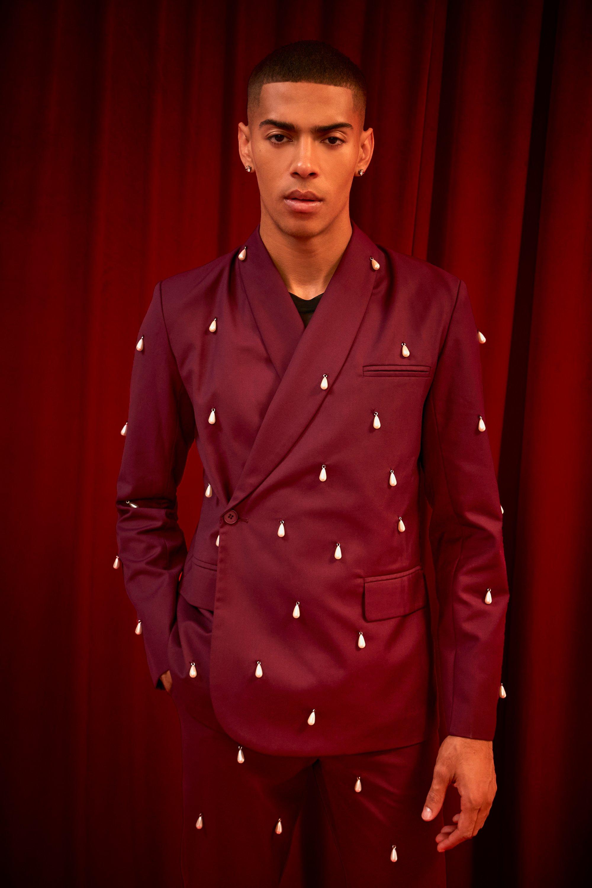 Mens Purple Slim Wrap Front Blazer With Pearl Detail, Purple