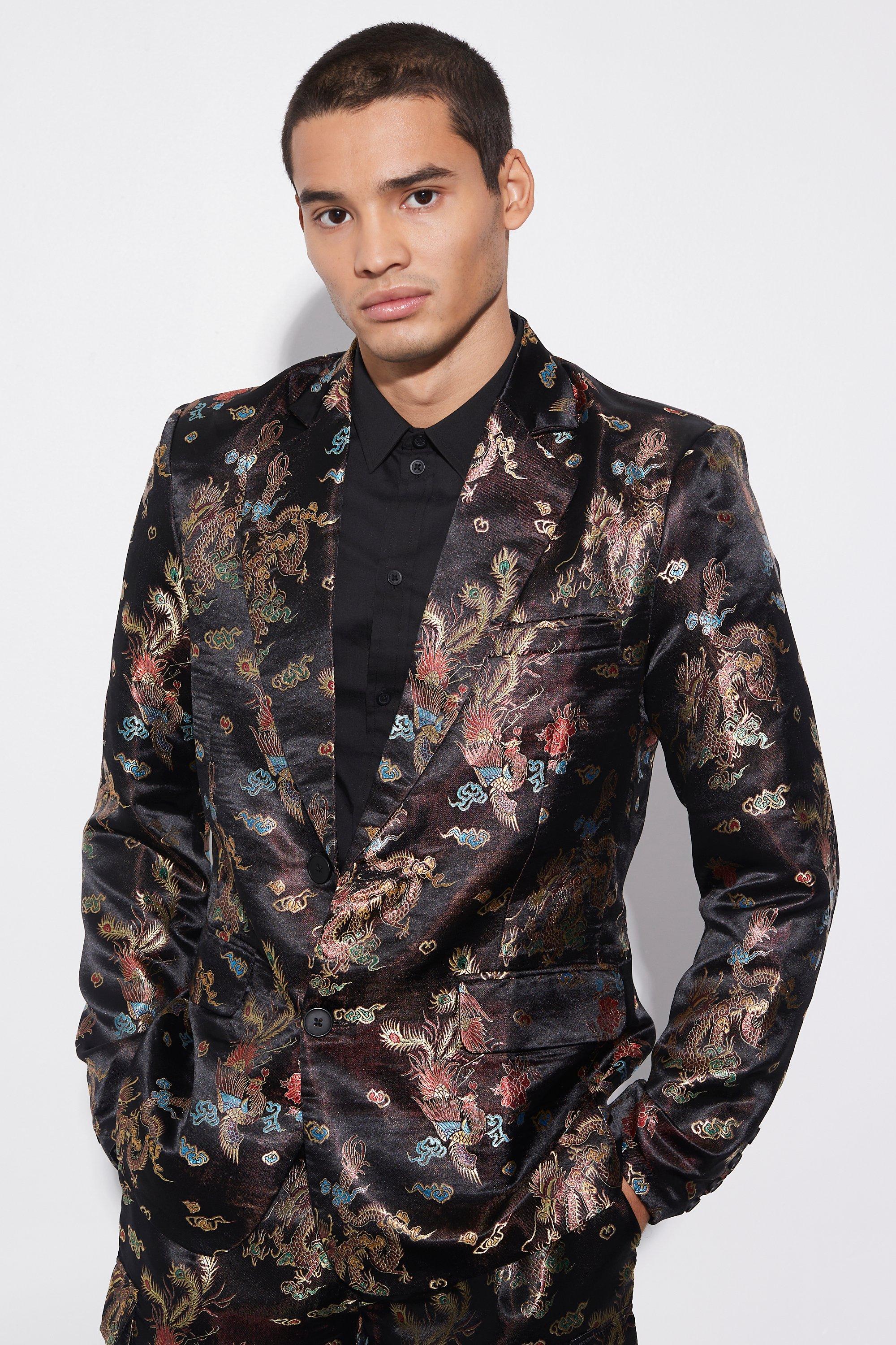 Mens Black Slim Dragon Jacquard Suit Jacket, Black