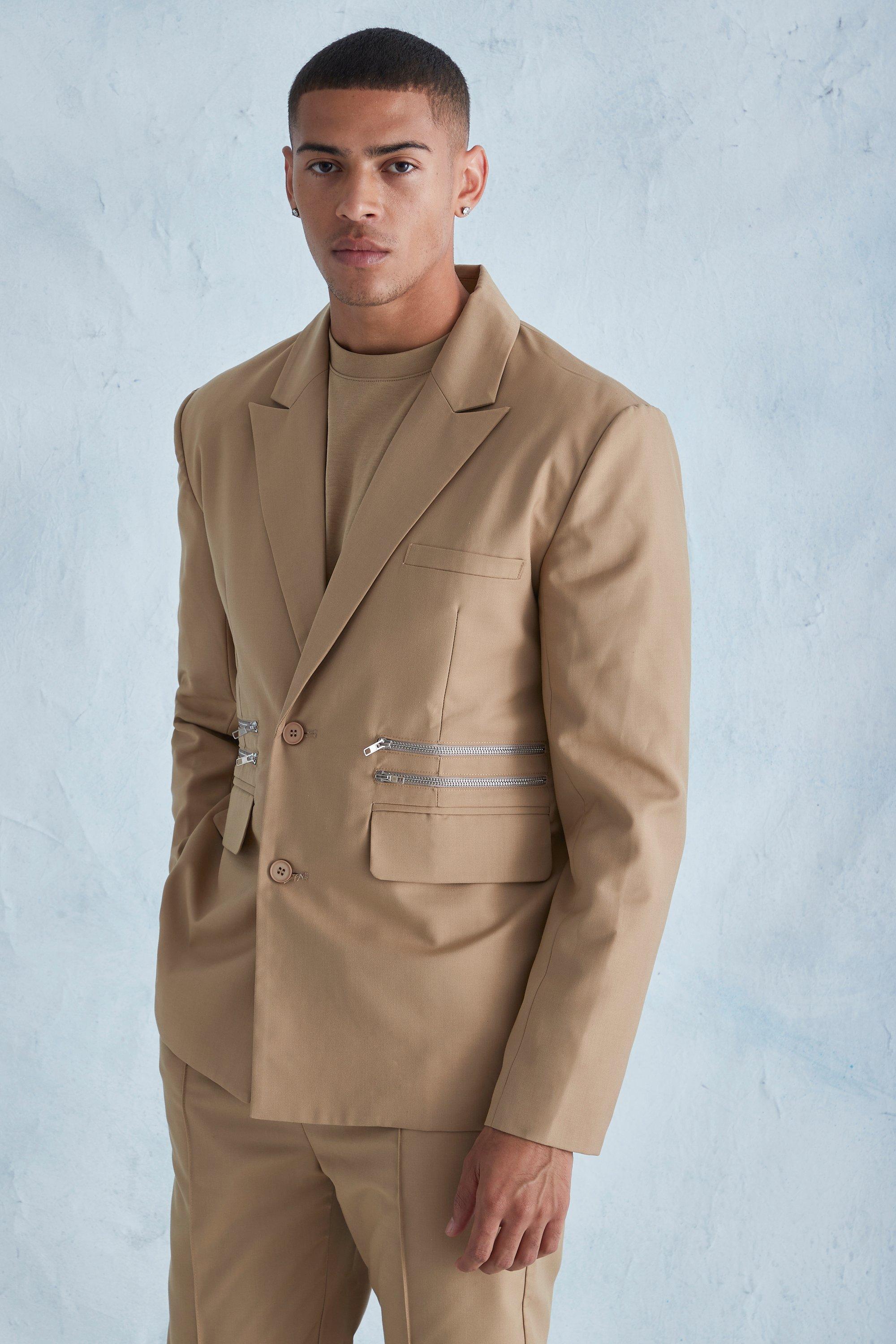 Mens Beige Oversized Boxy Zip Suit Jacket, Beige