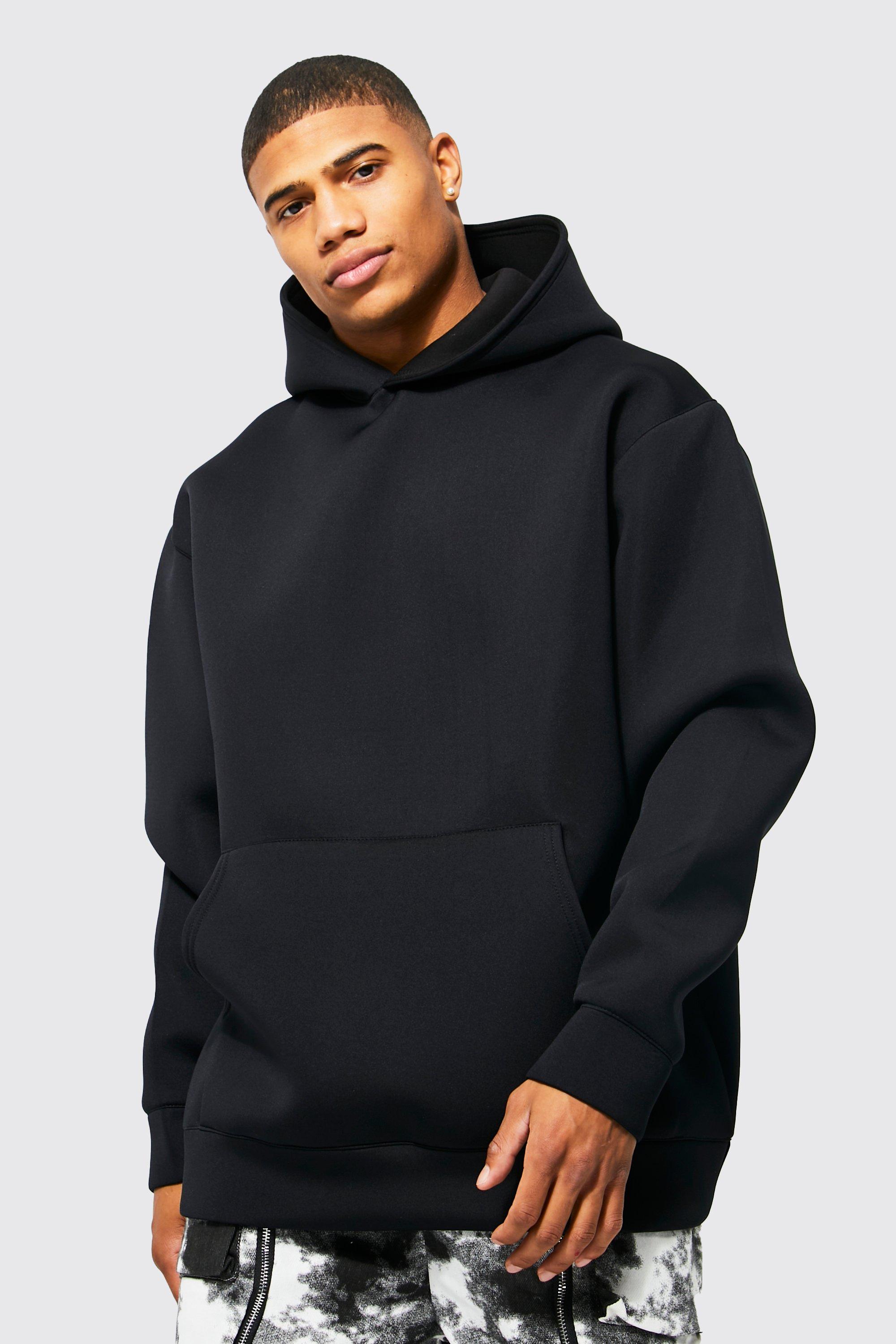 Mens Black Bonded Scuba Oversized Hoodie, Black