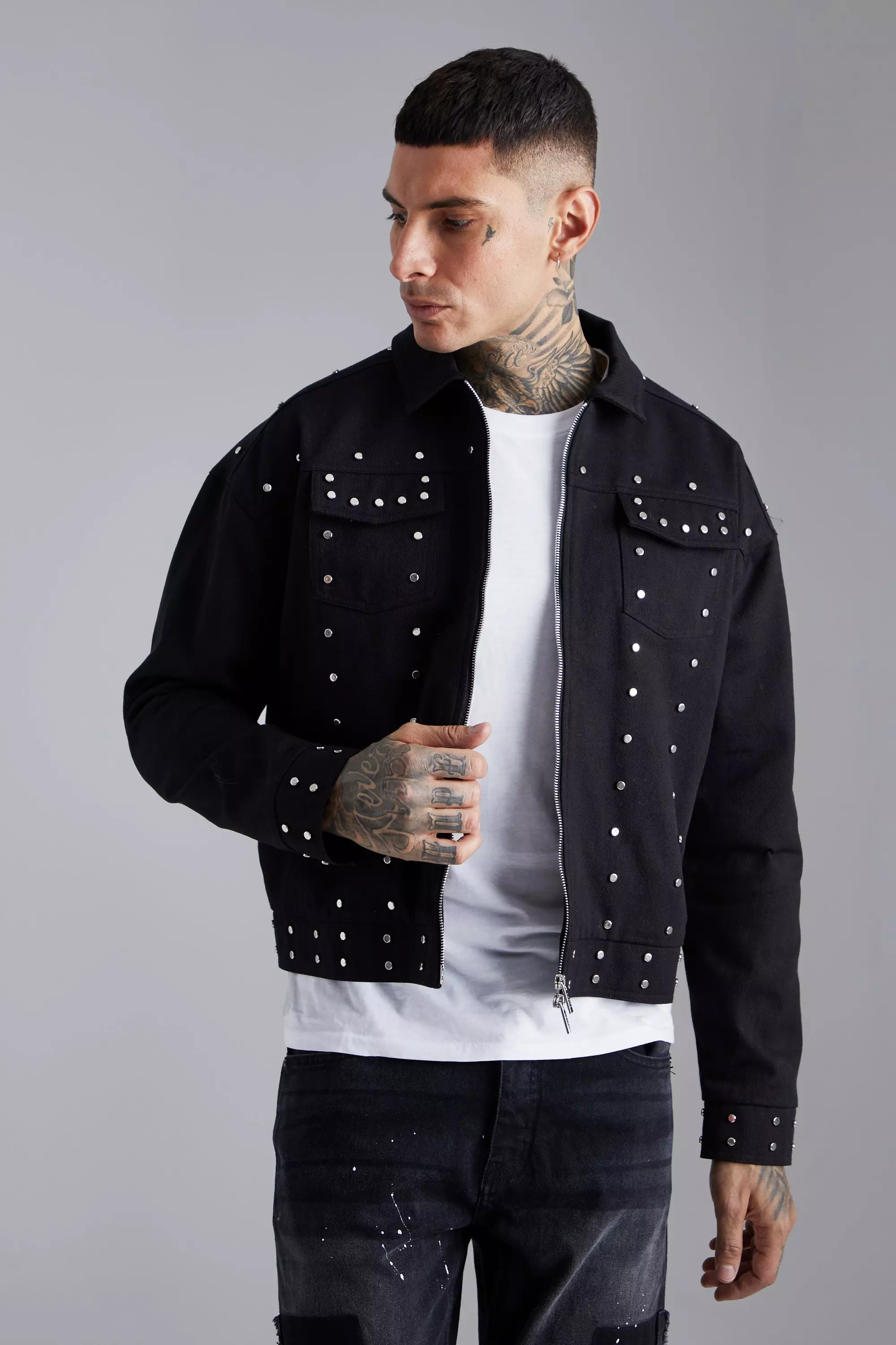 Stud Detail Harrington Jacket | boohooMAN USA