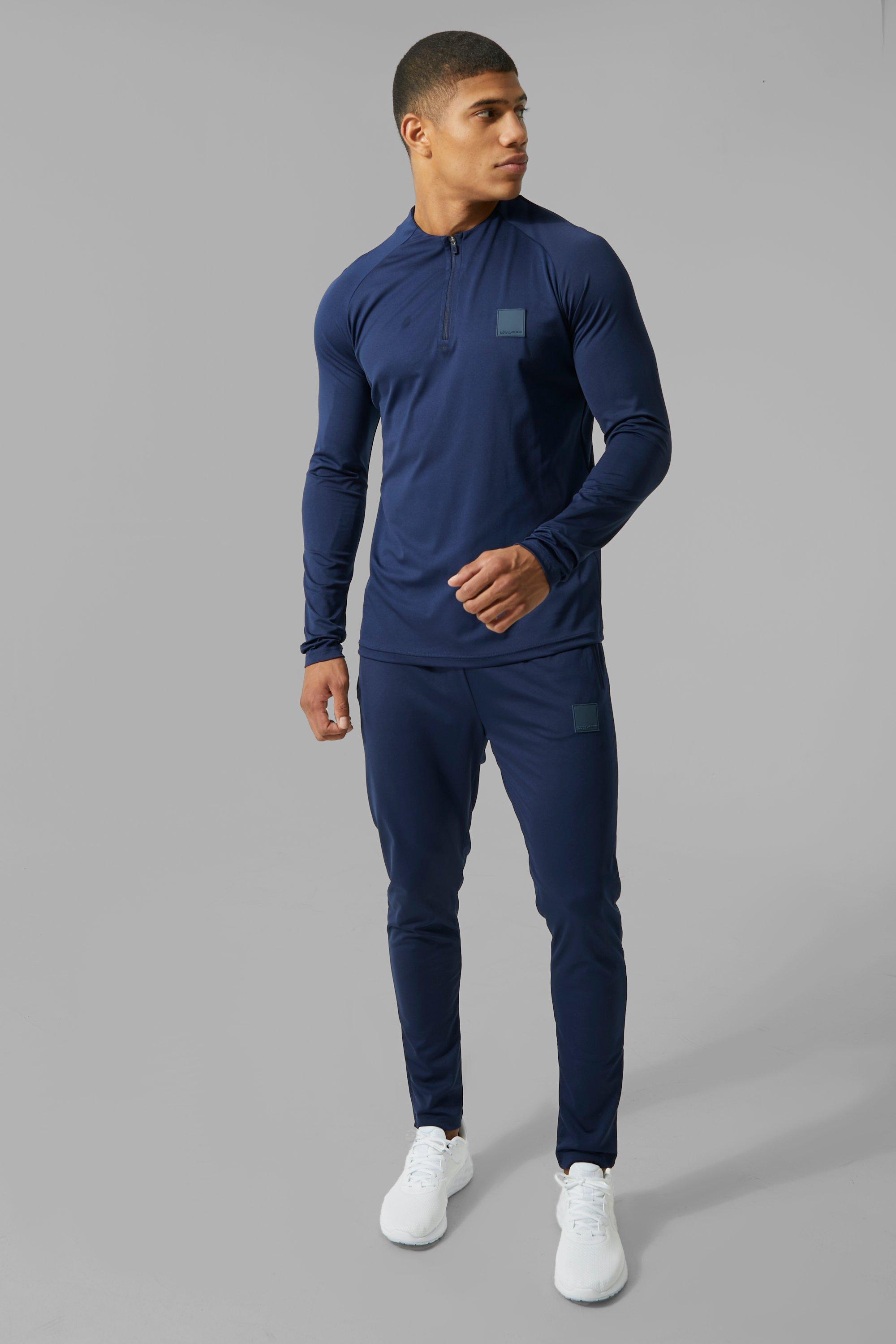 Mens Navy Man Active Skinny Crew Neck 1/4 Zip Tracksuit, Navy