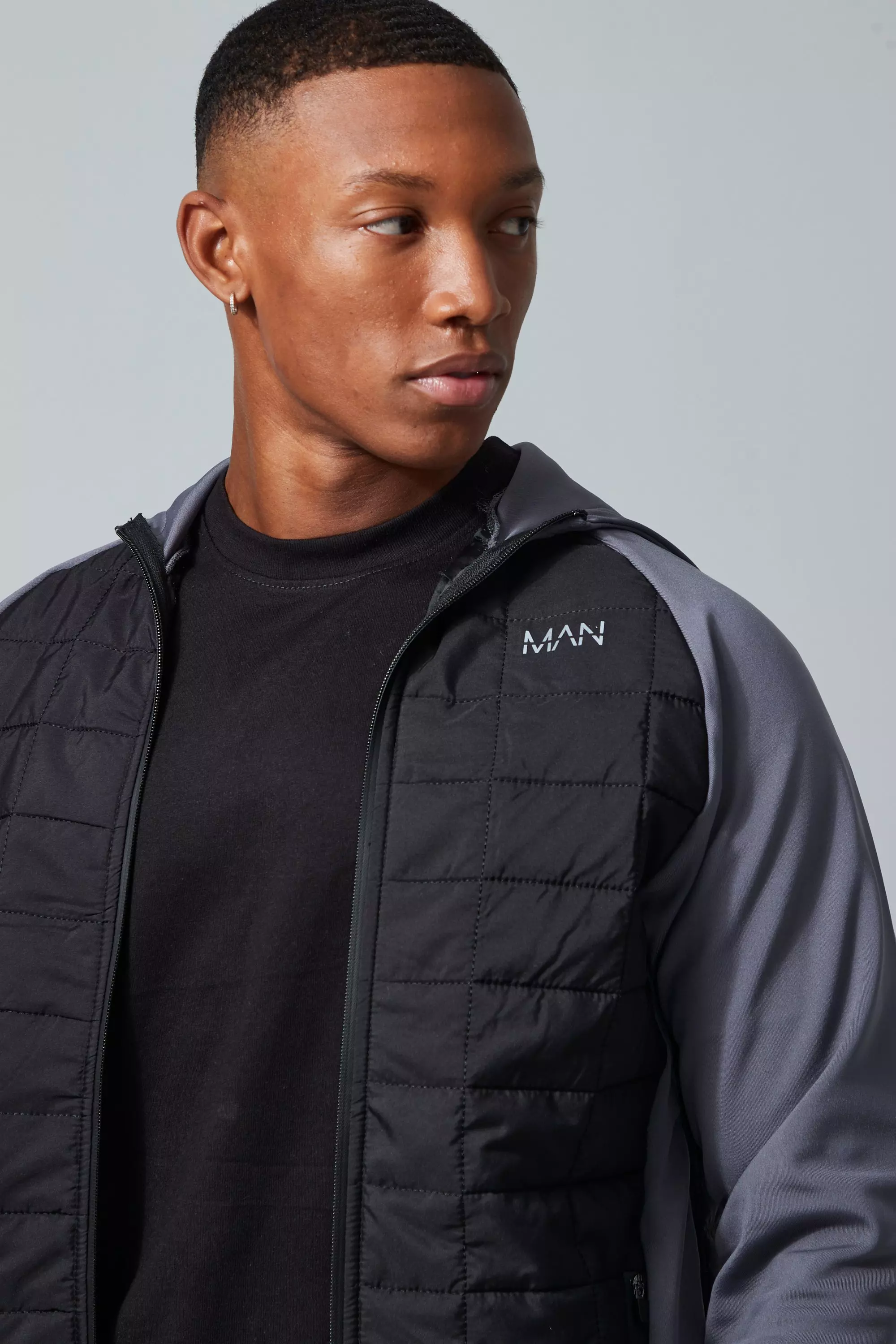 boohooMAN Man Active Grid Quilted Hybrid Hoodie - Black - Size Xs