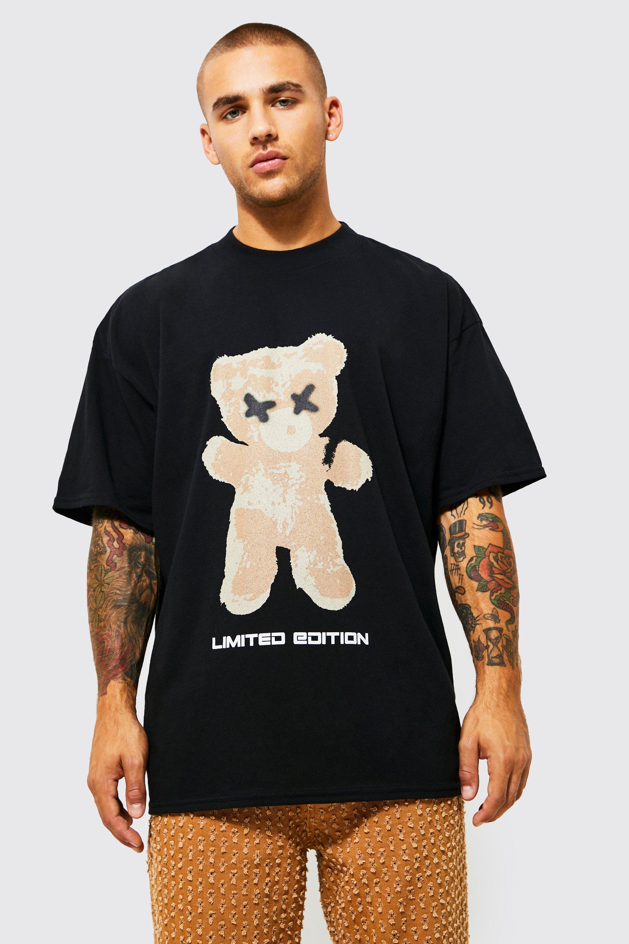 Mens Black Oversized Extended Neck Teddy Graphic T-shirt, Black