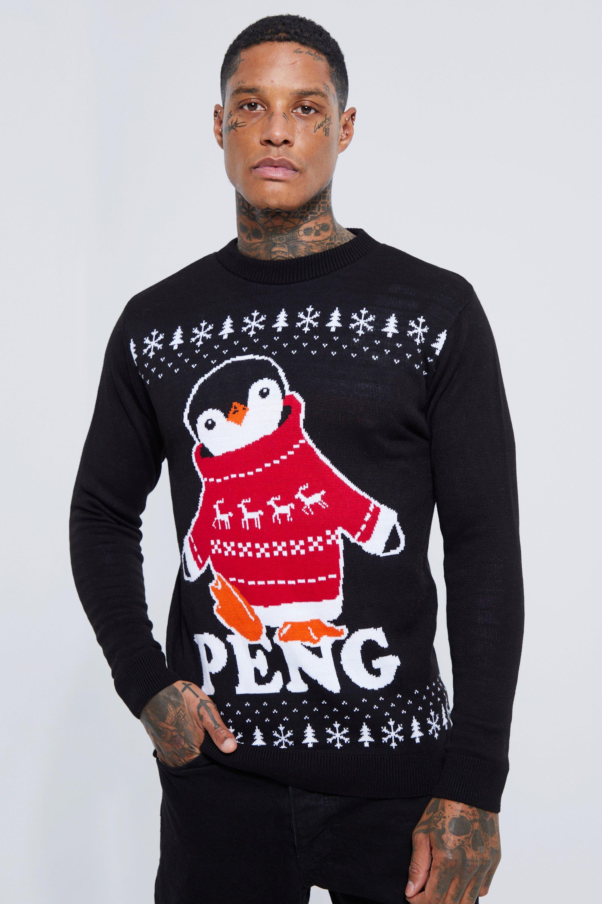 Mens Black Peng Penguin Christmas Jumper, Black