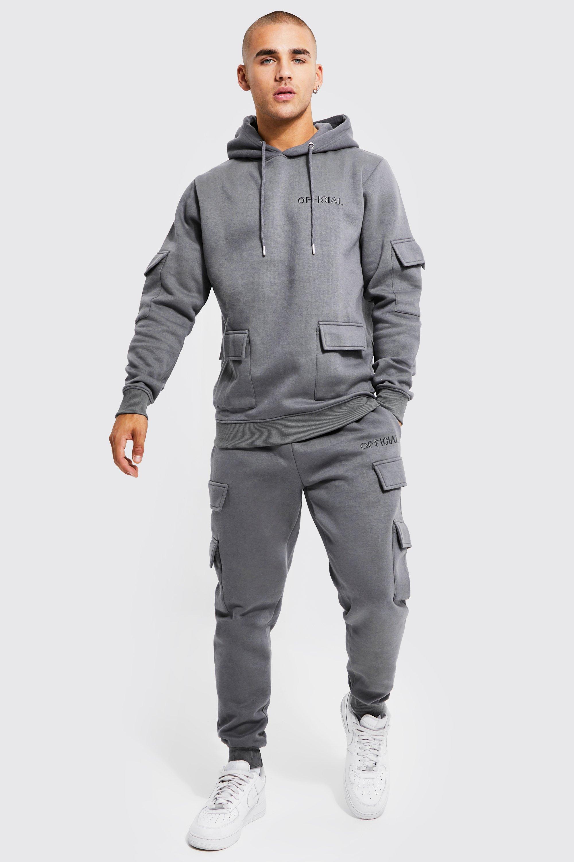 men's official man cargo hooded panelled tracksuit - grey - s, grey