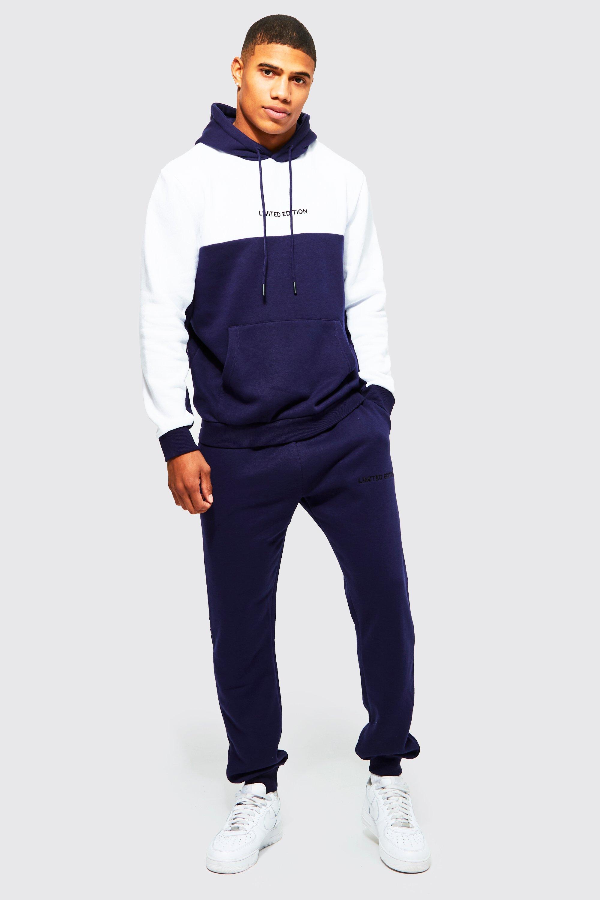 Mens Navy Official Colour Block Hooded Tracksuit With Tape, Navy
