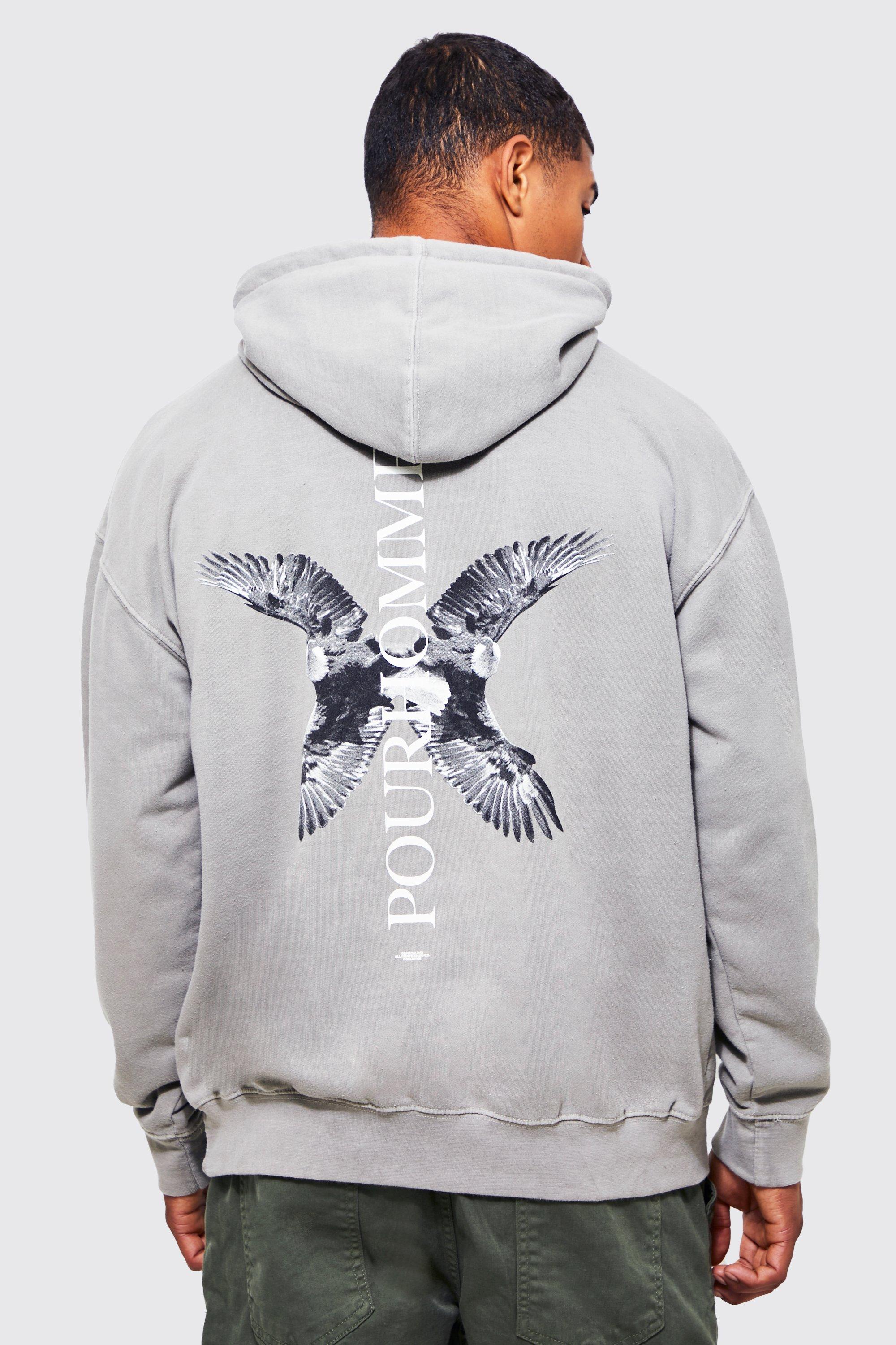 Mens Green Oversized Washed Dove Graphic Hoodie, Green