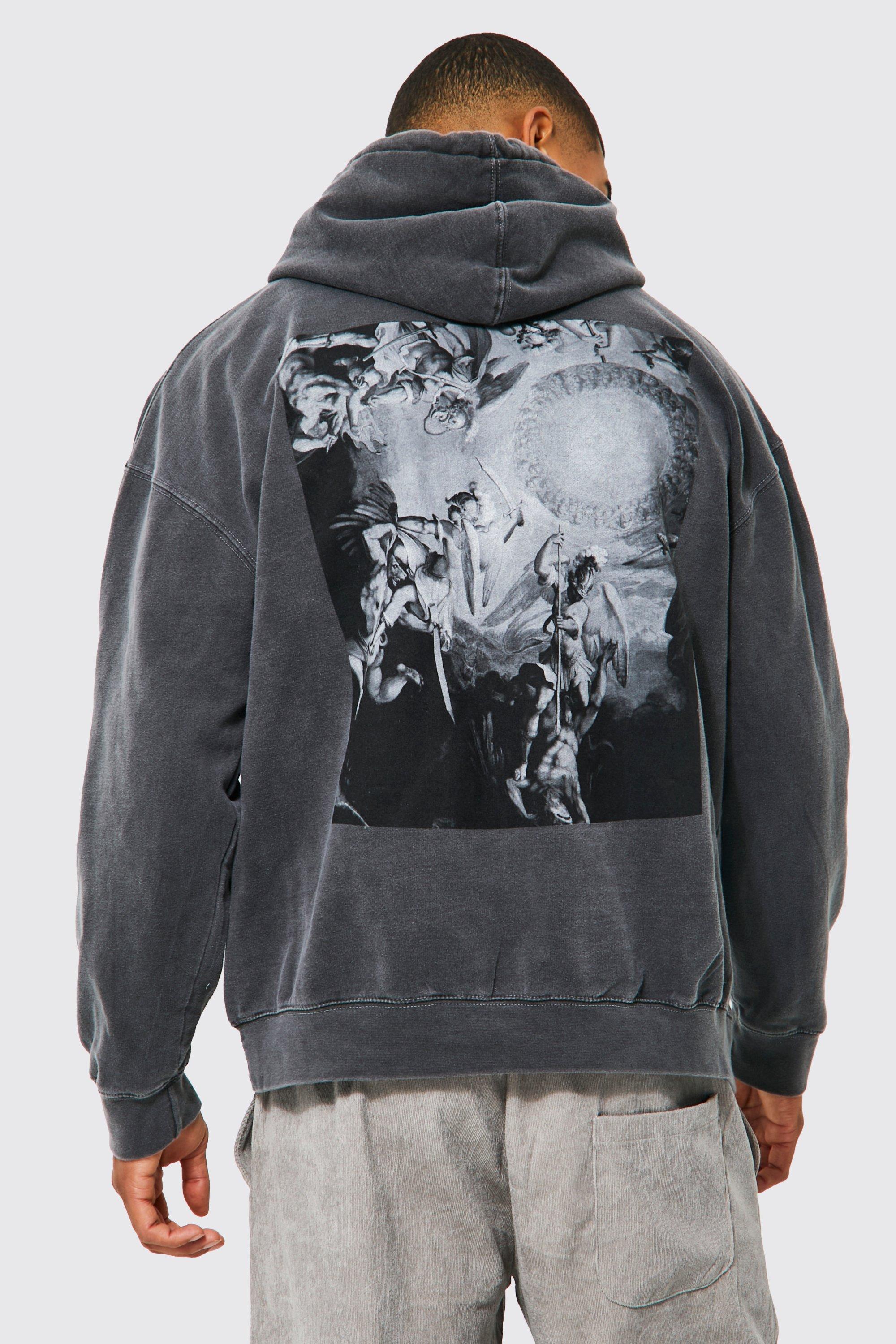 Mens Grey Oversized Washed Renaissance Graphic Hoodie, Grey