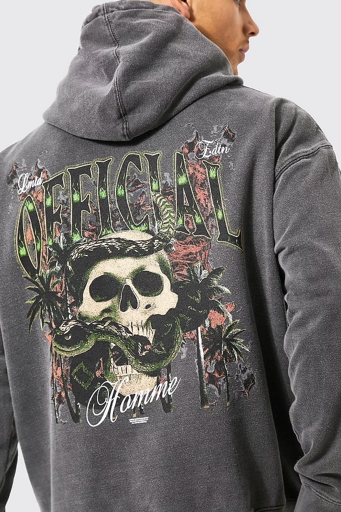Oversized Washed Skull Graphic Hoodie | boohooMAN USA